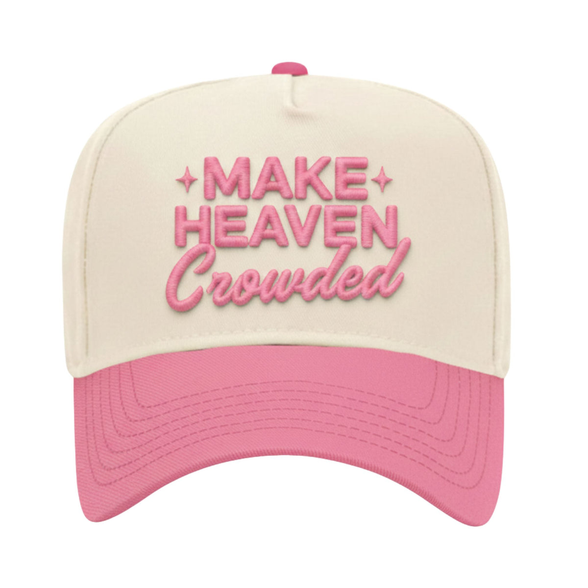 KenzKustomz Make Heaven Crowded trucker hat with cream crown, pink brim, and raised pink embroidered lettering.
