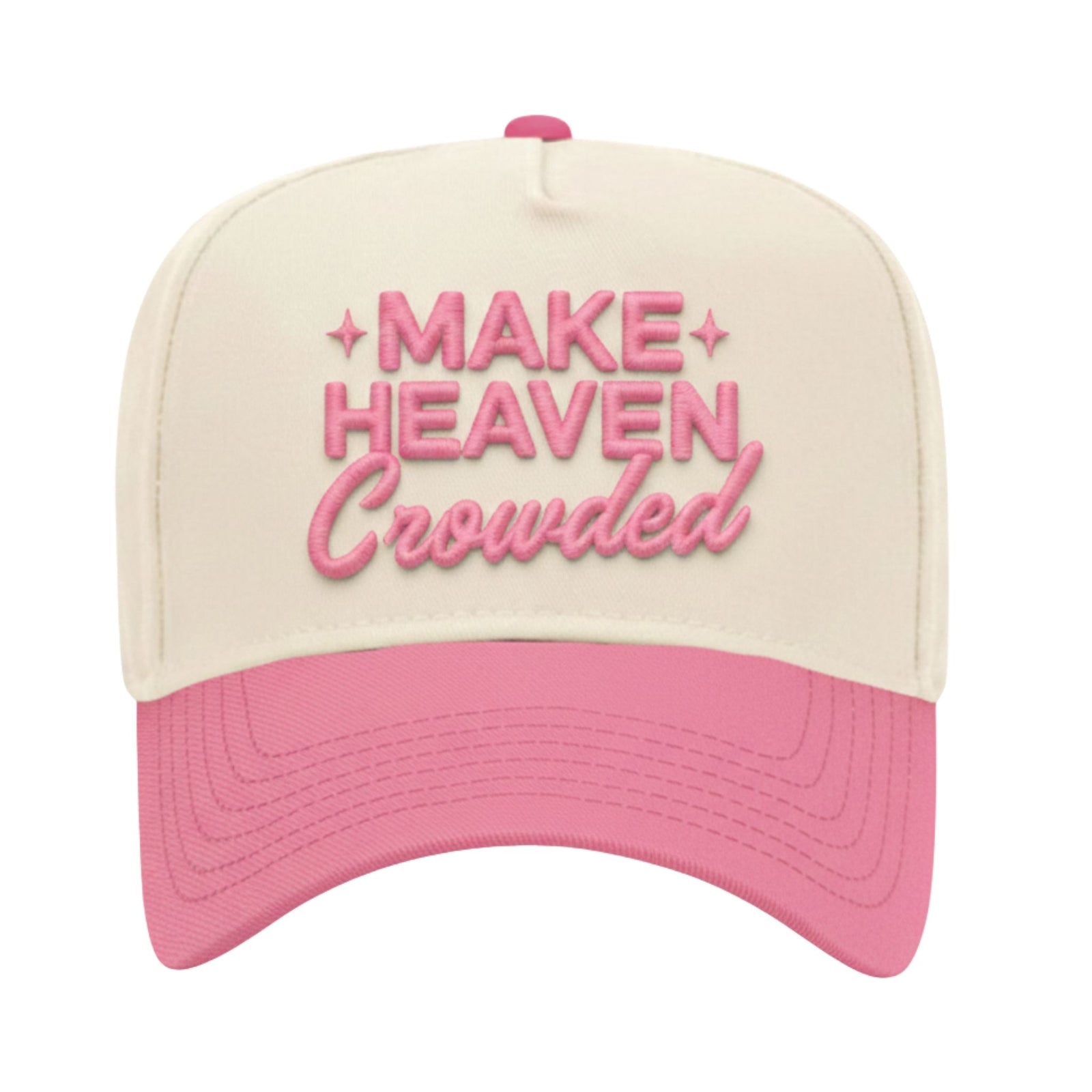 KenzKustomz Make Heaven Crowded trucker hat with cream crown, pink brim, and raised pink embroidered lettering.