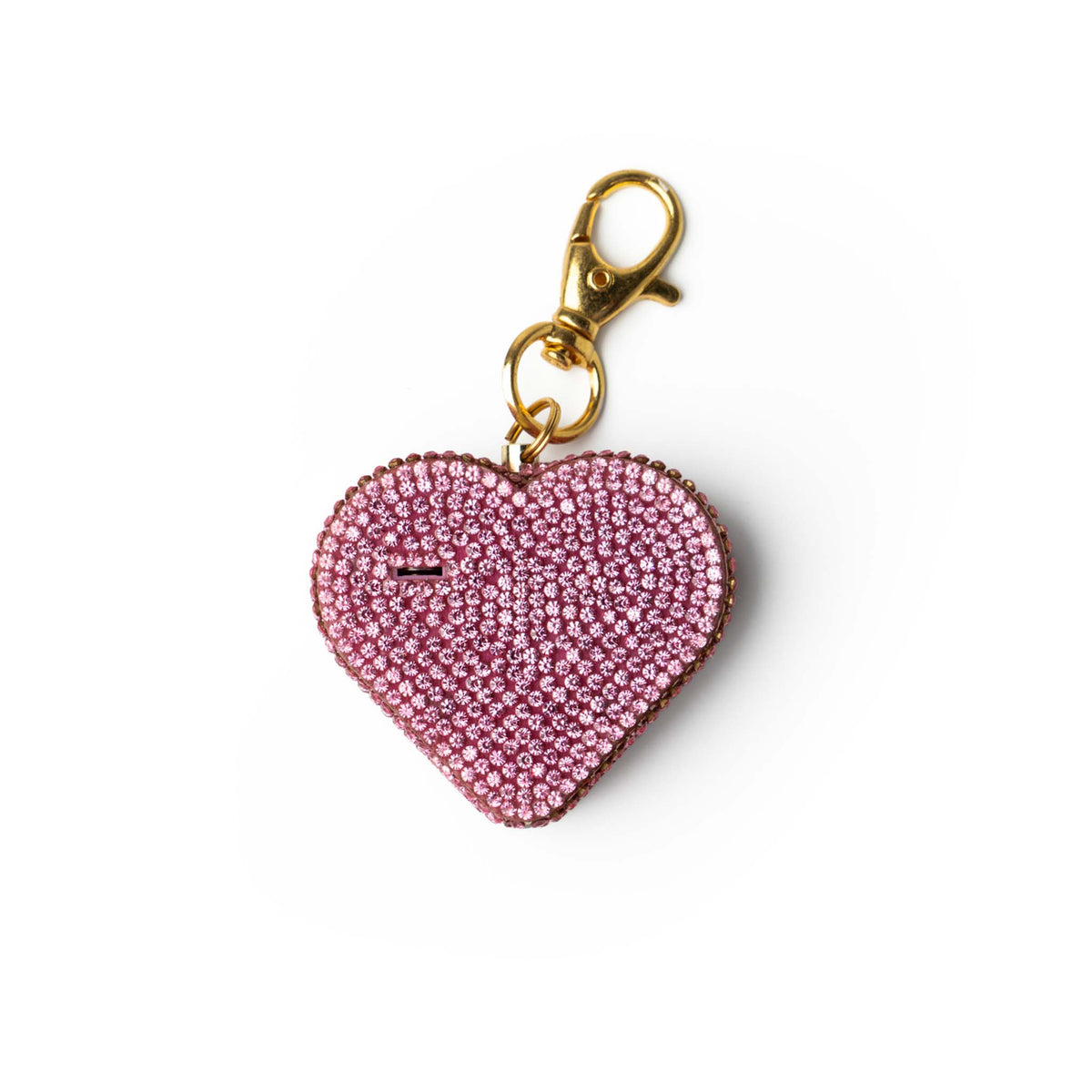 Heart-shaped Charm Alaram keychain with pink rhinestones on a white background