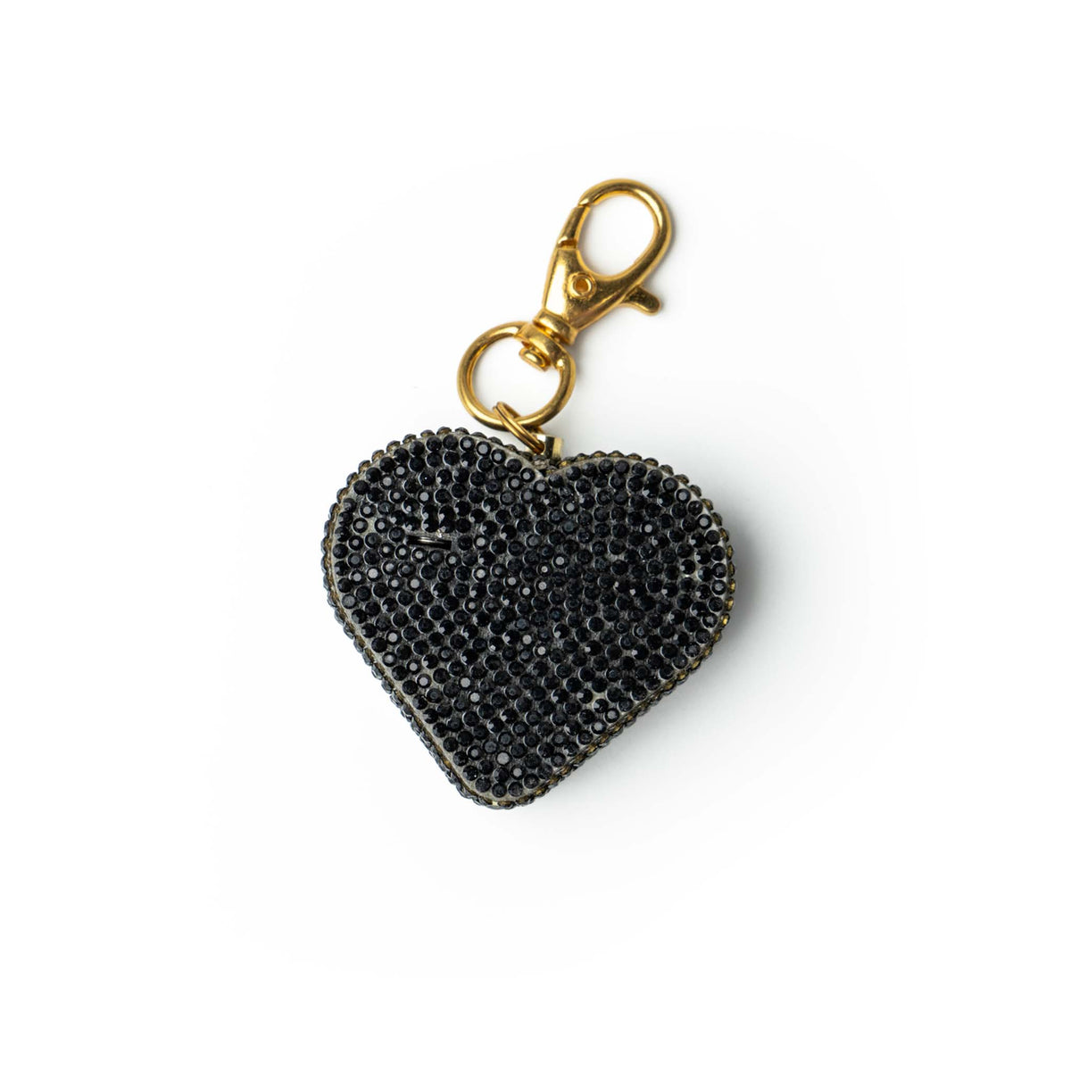 Heart-shaped Charm Alaram keychain with black rhinestones on a white background
