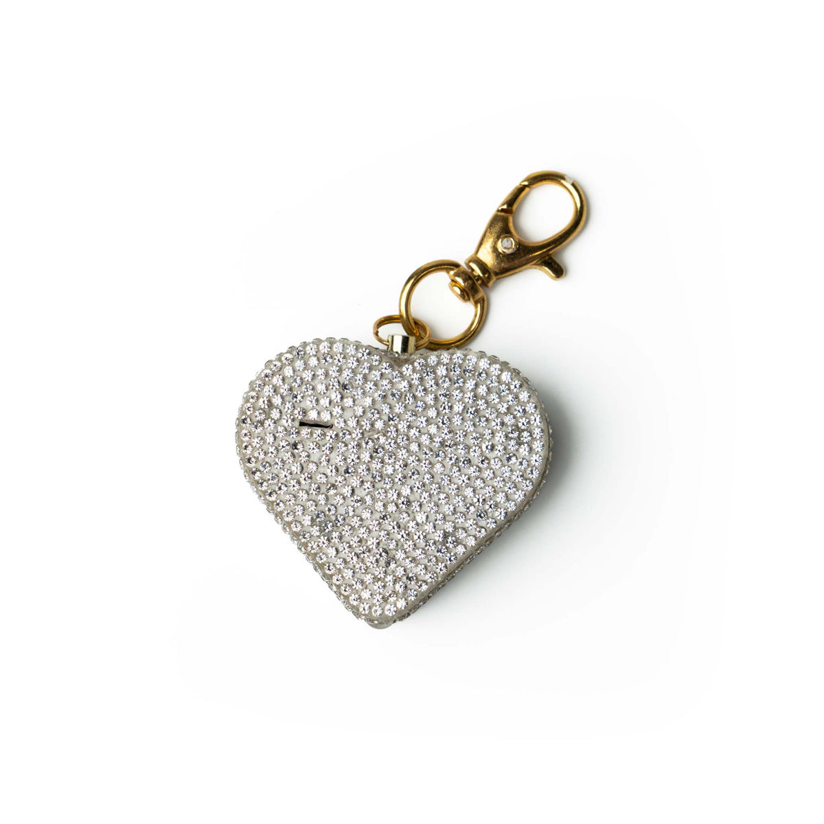 Heart-shaped Charm Alaram keychain with white rhinestones on a white background