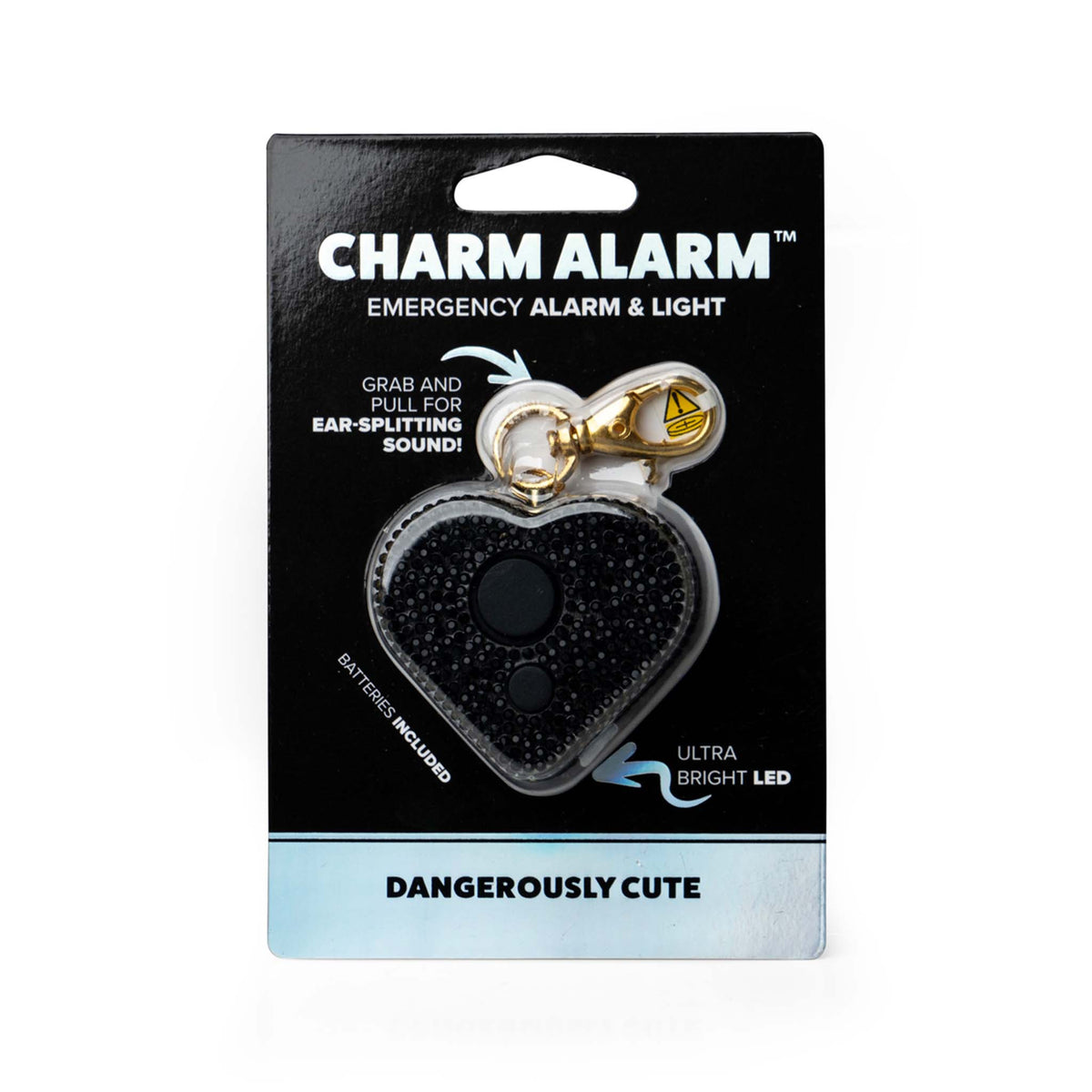 Charm alarm packaging with black heart-shaped design on a white background