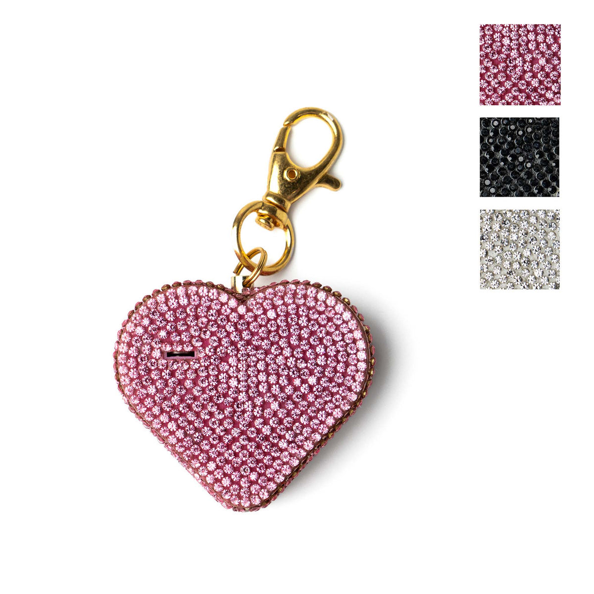 Heart-shaped Charm Alaram keychain with pink rhinestones on a white background