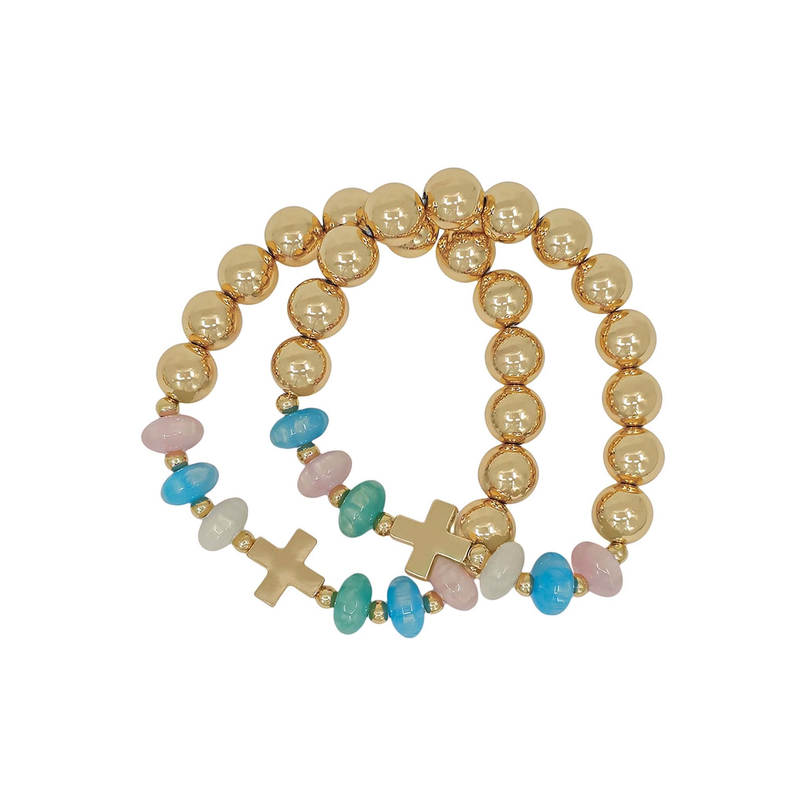 Two beaded bracelets with gold crosses on a white background