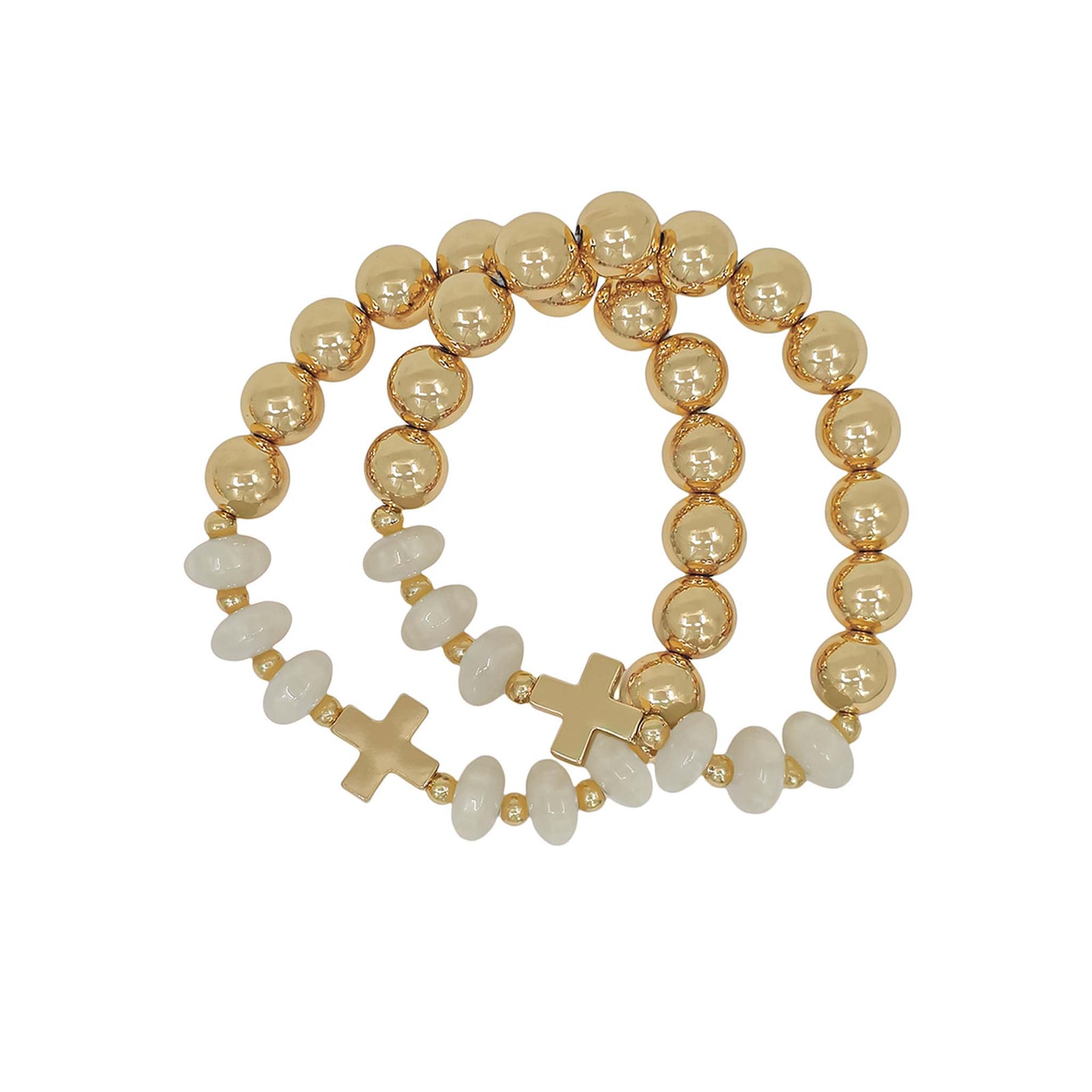 Two beaded bracelets with gold and cross accents on a white background