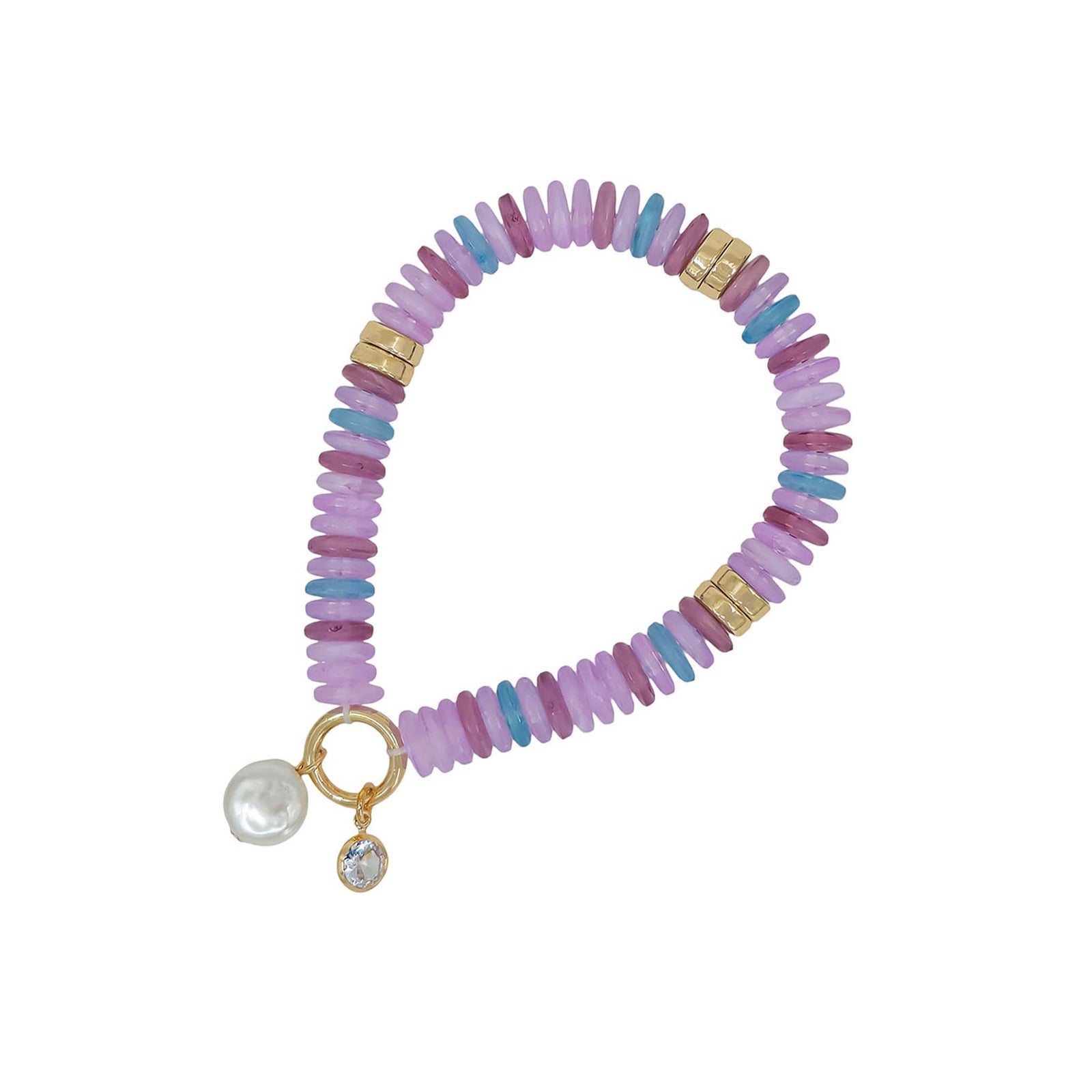 Multicolored beaded bracelet with gold accents and charms on a white background