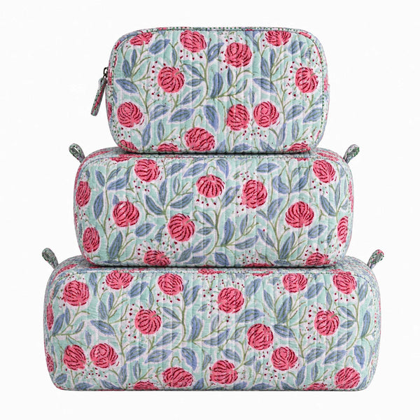 3-in-1 Quilted Cosmetic Bag Set in Mint Floral