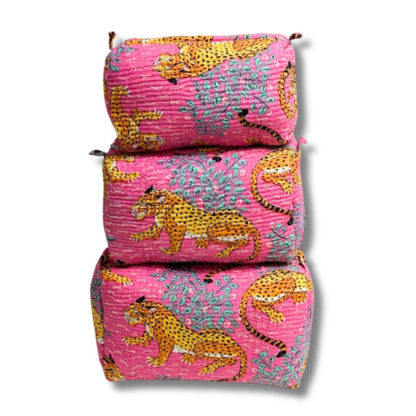 3-in-1 Quilted Cosmetic Bag Set in Hot Pink Leopard