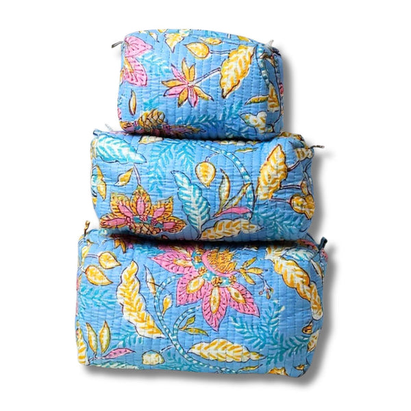 3-in-1 Quilted Cosmetic Bag Set in Blue Floral