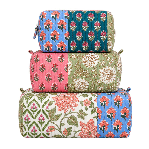 3-in-1 Quilted Cosmetic Bag Set in Multicolor Patchwork