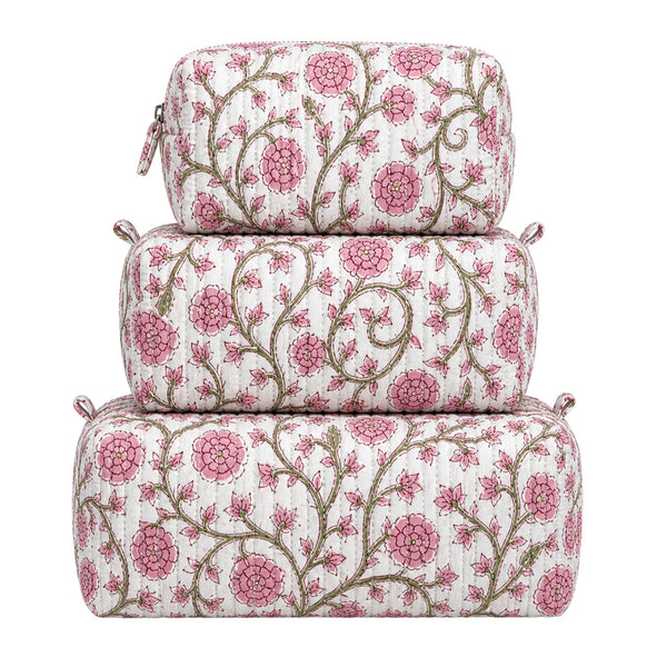 3-in-1 Quilted Cosmetic Bag Set in Pink Floral