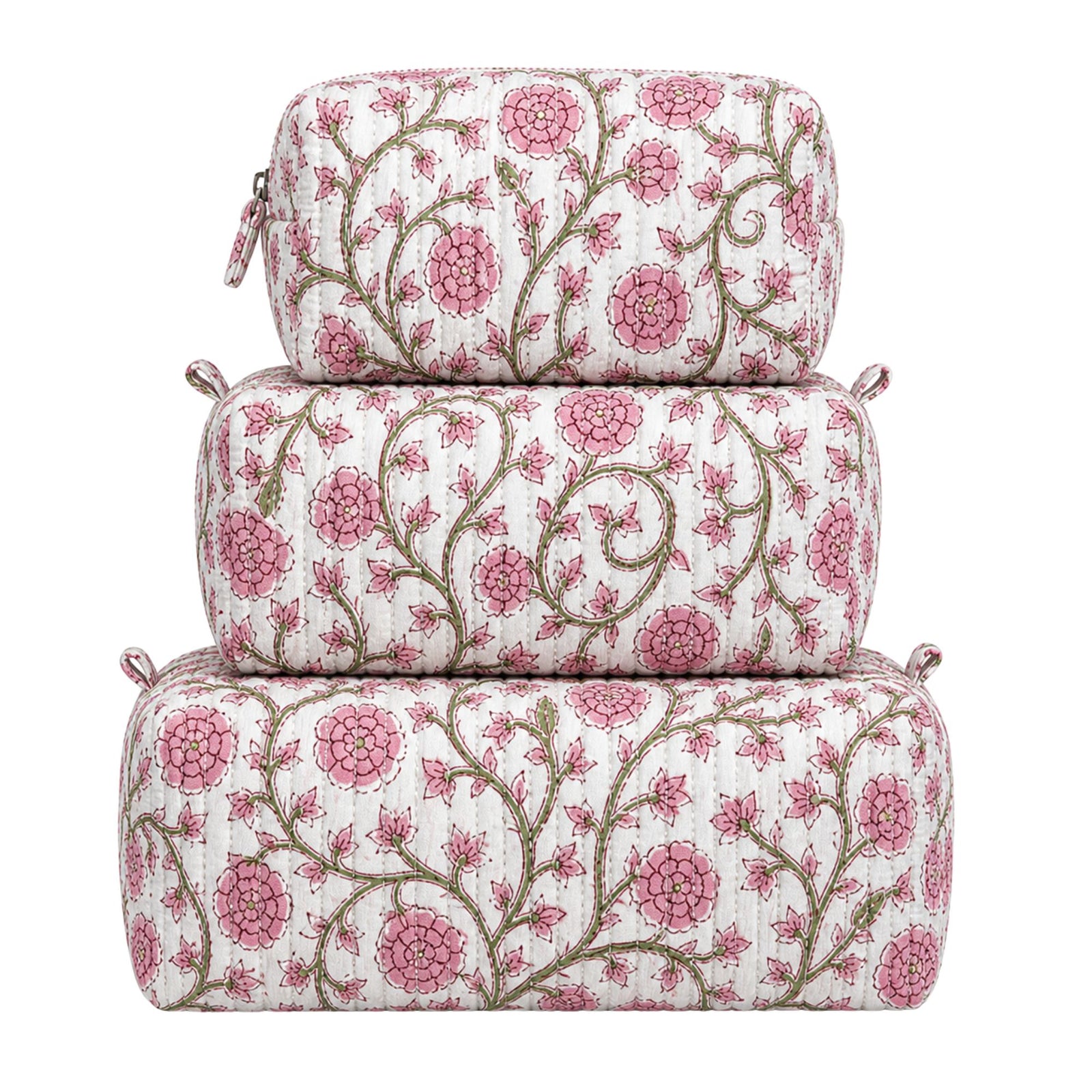 3-in-1 Quilted Cosmetic Bag Set in Pink Floral
