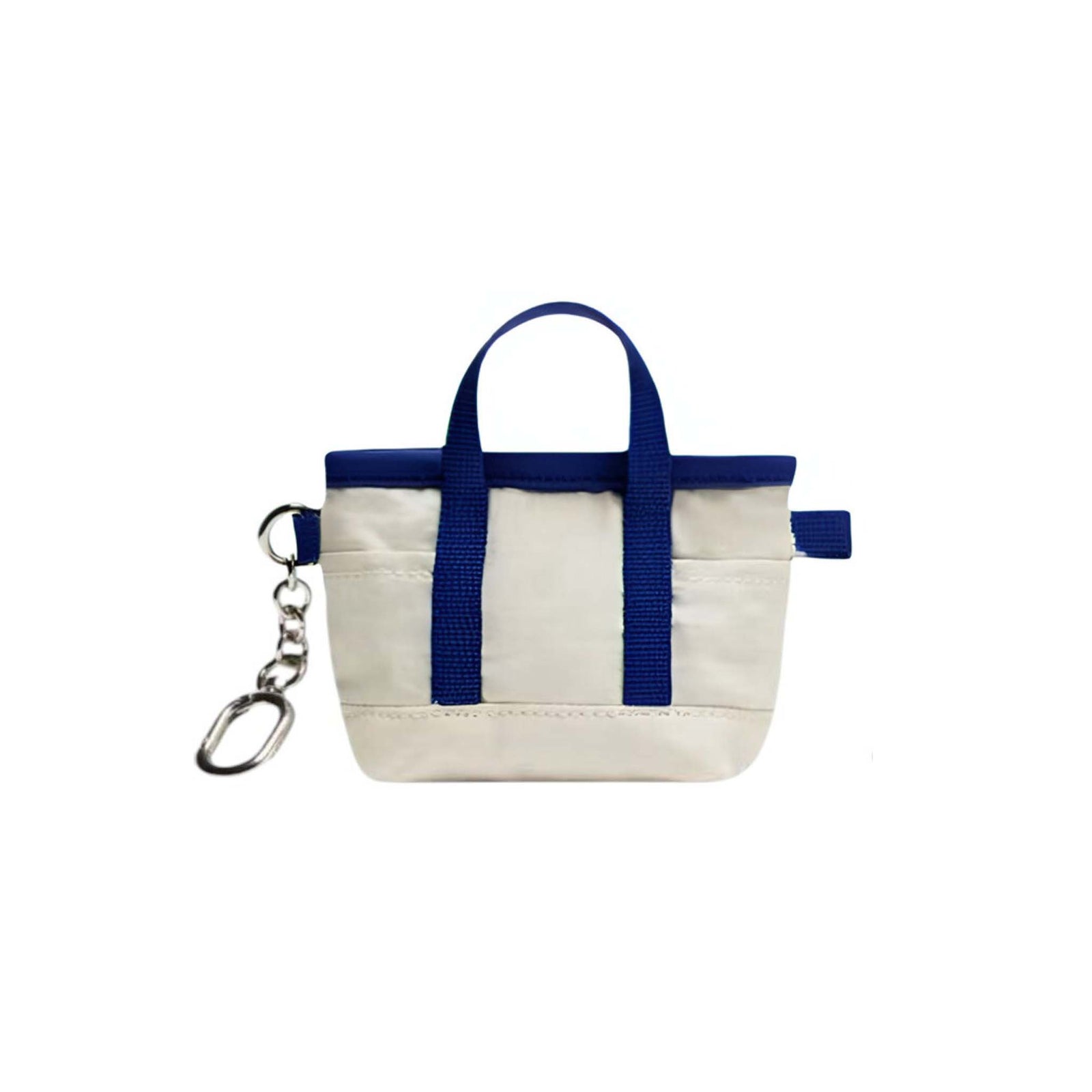 Queen's Designs Mini Accessories Canvas Tote Bag Keychain, color white with blue straps and top hem, carabiner style keychain attachment is included. Small in size, big on convenience—the Mini Accessories Canvas Tote Key Chain is the cutest way to stay organized on the go. Perfectly sized to hold chapstick, coins, earbuds, or other tiny essentials, this miniature accessory canvas tote features a secure zipper closure and a sturdy keyring for easy attachment to your keys, purse, or backpack.