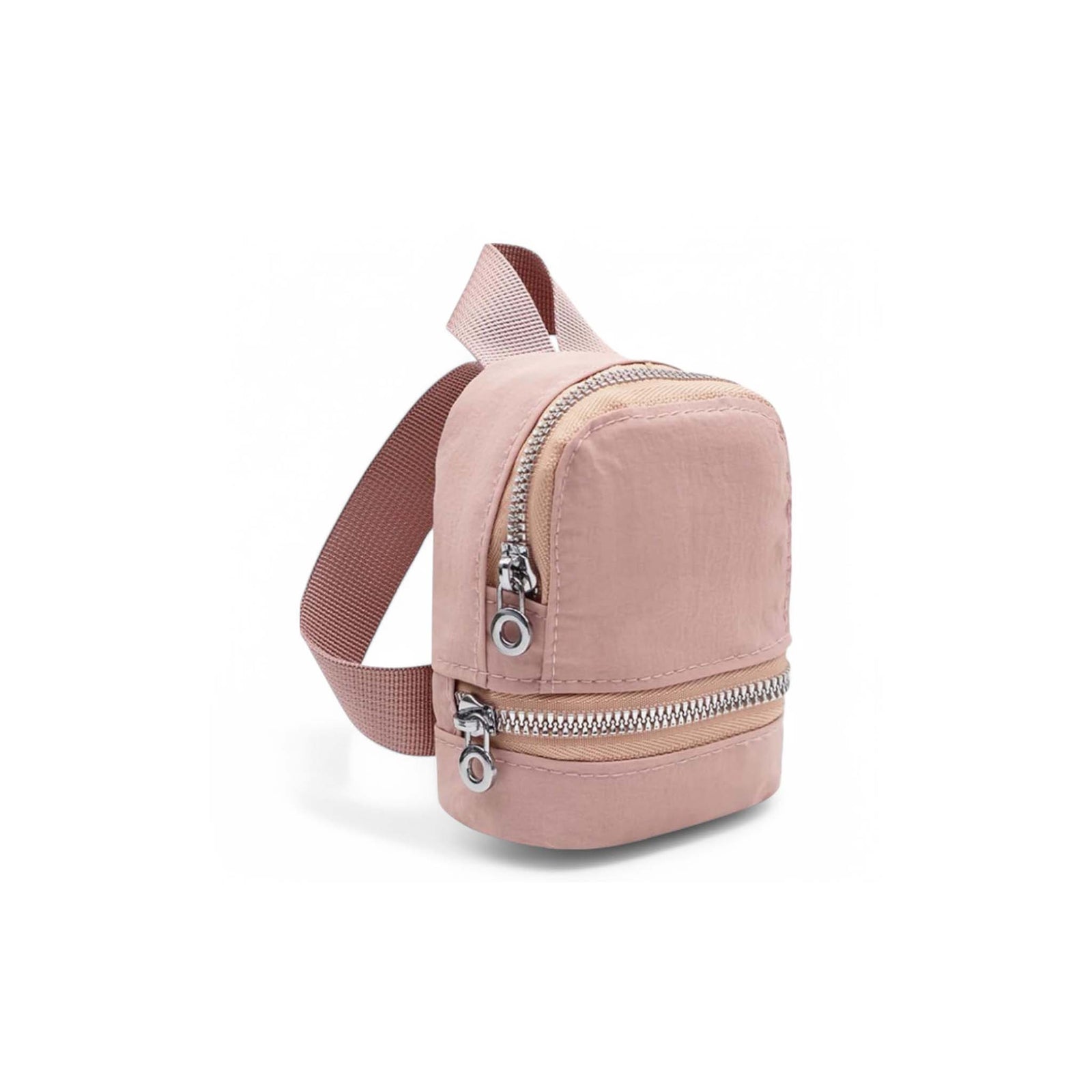 Mini backpack keychain with zipper closure and keyring attachment, designed to hold small items like chapstick or coins, made of durable material for everyday use.