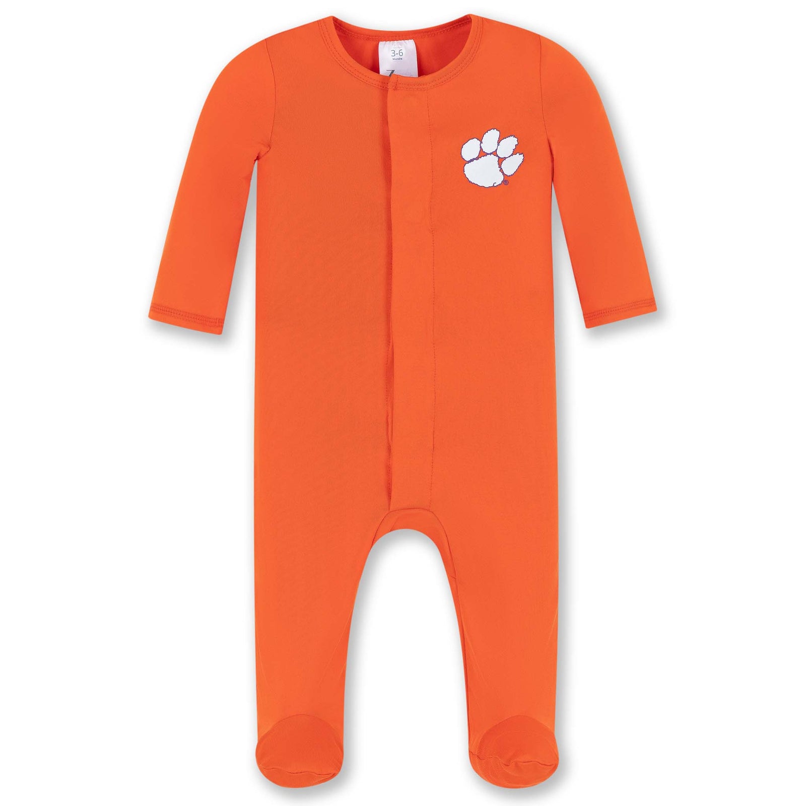 Front view of orange Clemson infant magnetic footie with long sleeves, magnetic closure, and white paw print logo on chest.