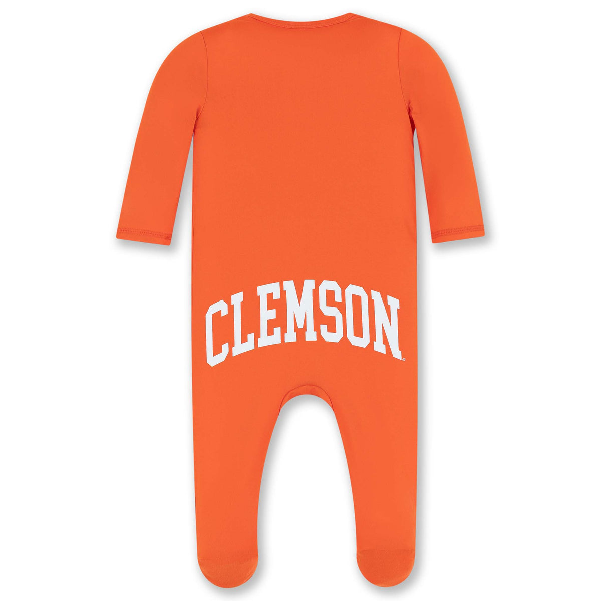 Back view of orange Clemson infant magnetic footie with long sleeves and bold white “CLEMSON” text across the back.