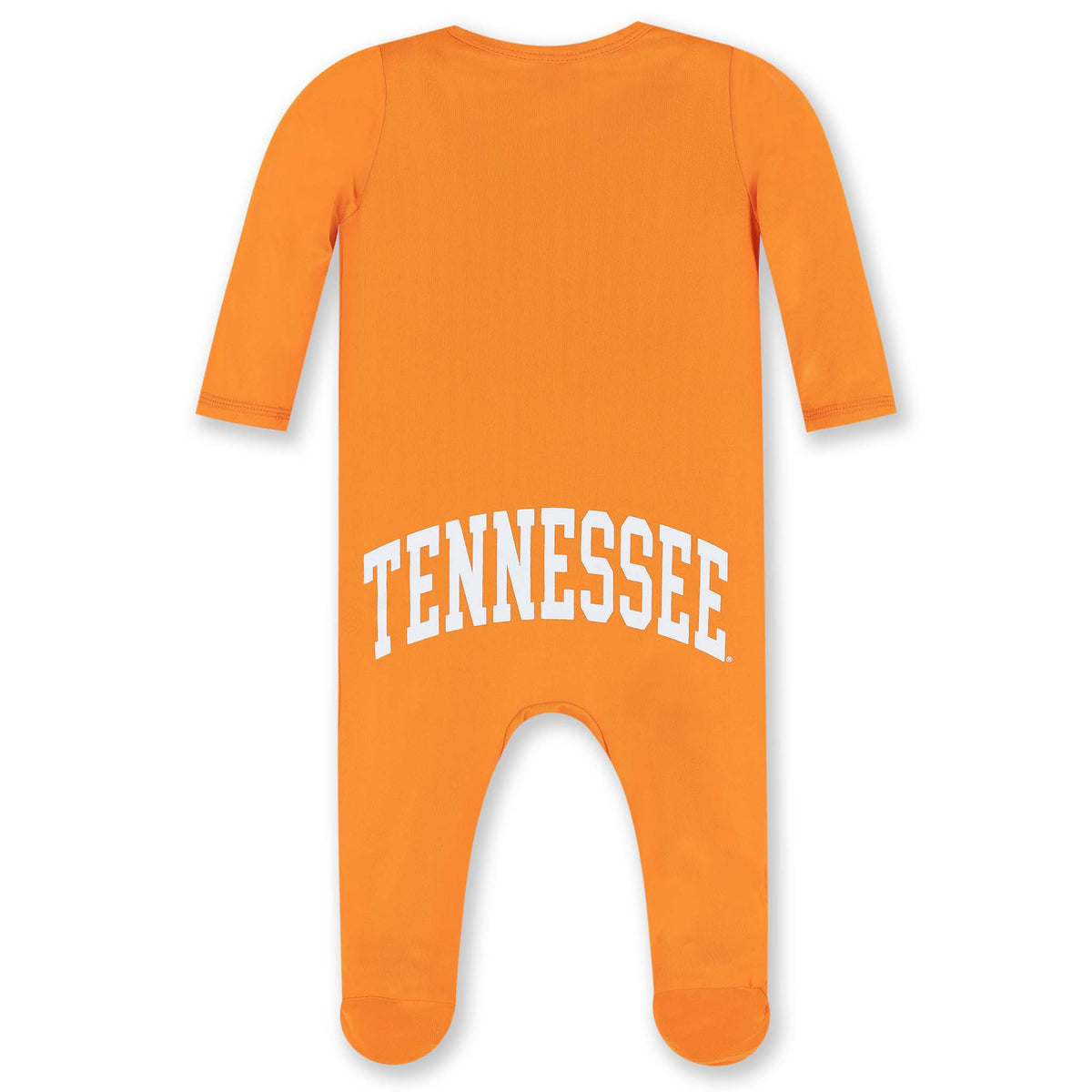 Back view of orange Tennessee infant magnetic footie with long sleeves and bold white “TENNESSEE” text across the back.