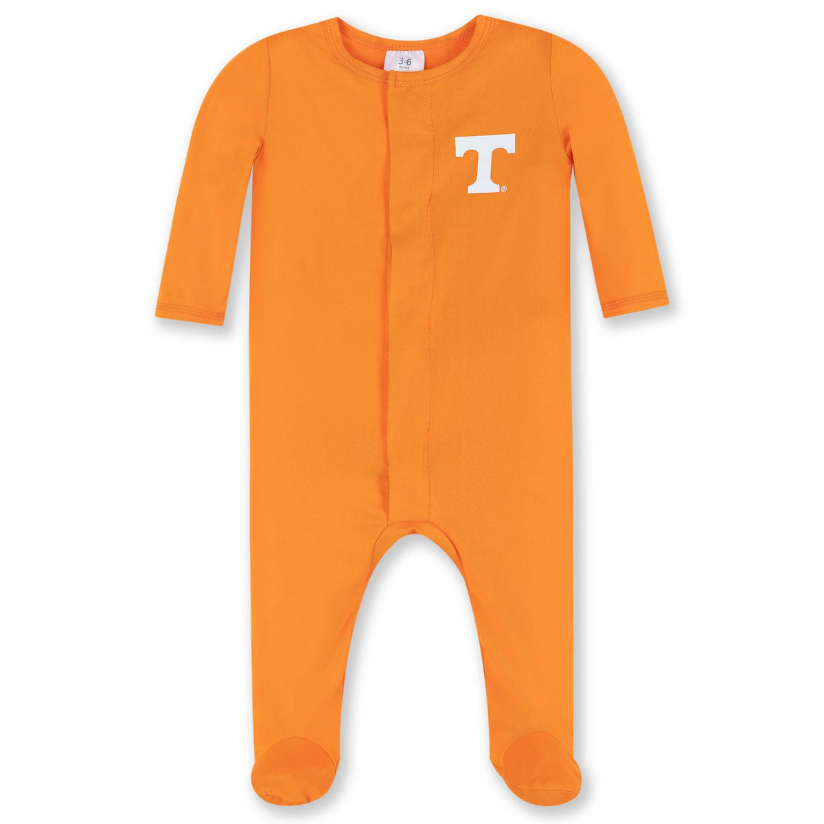 Front view of orange Tennessee infant magnetic footie with long sleeves, magnetic closure, and white “T” logo on chest.