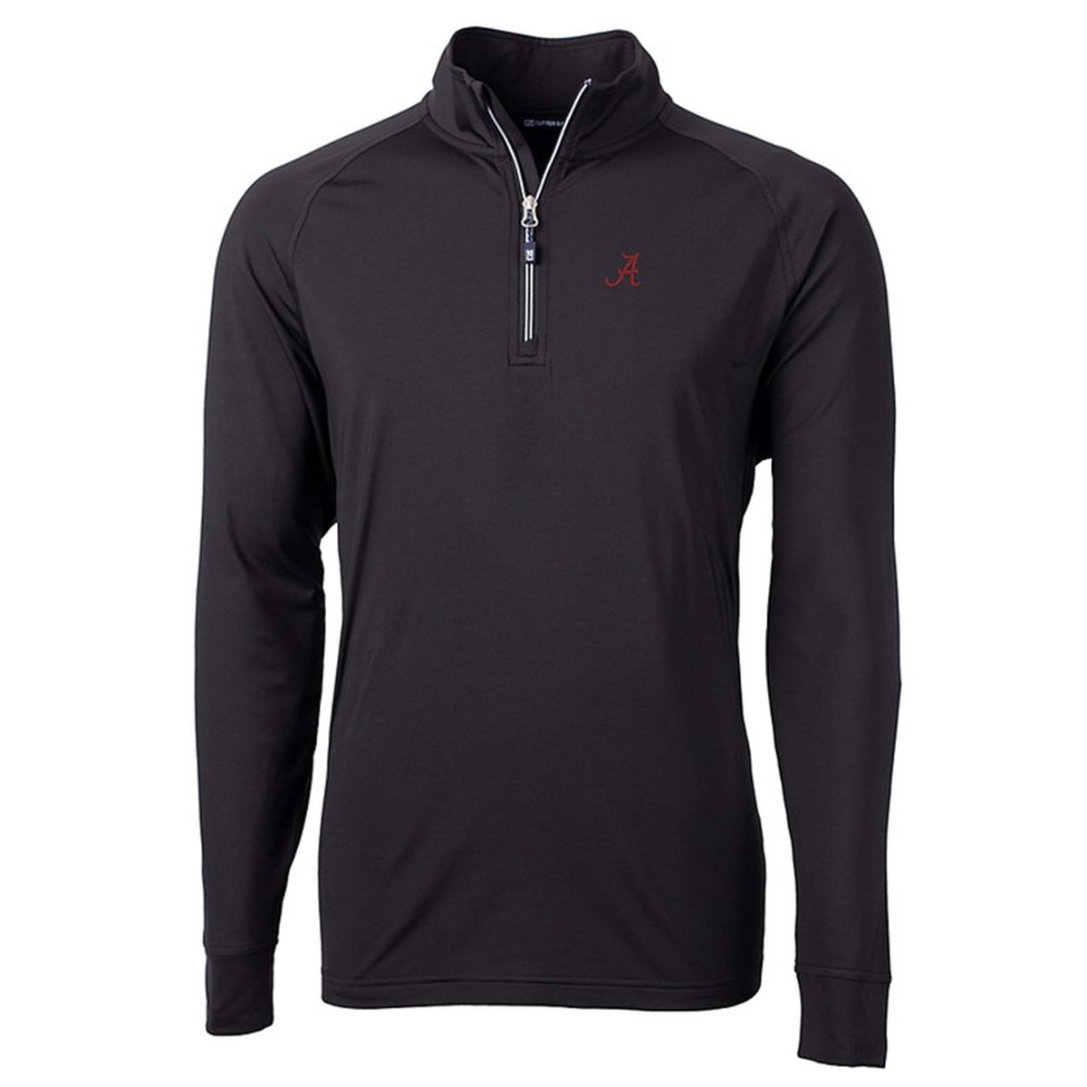 Black Alabama quarter-zip pullover with embroidered crimson “A” logo on chest and contrast zipper detail.
