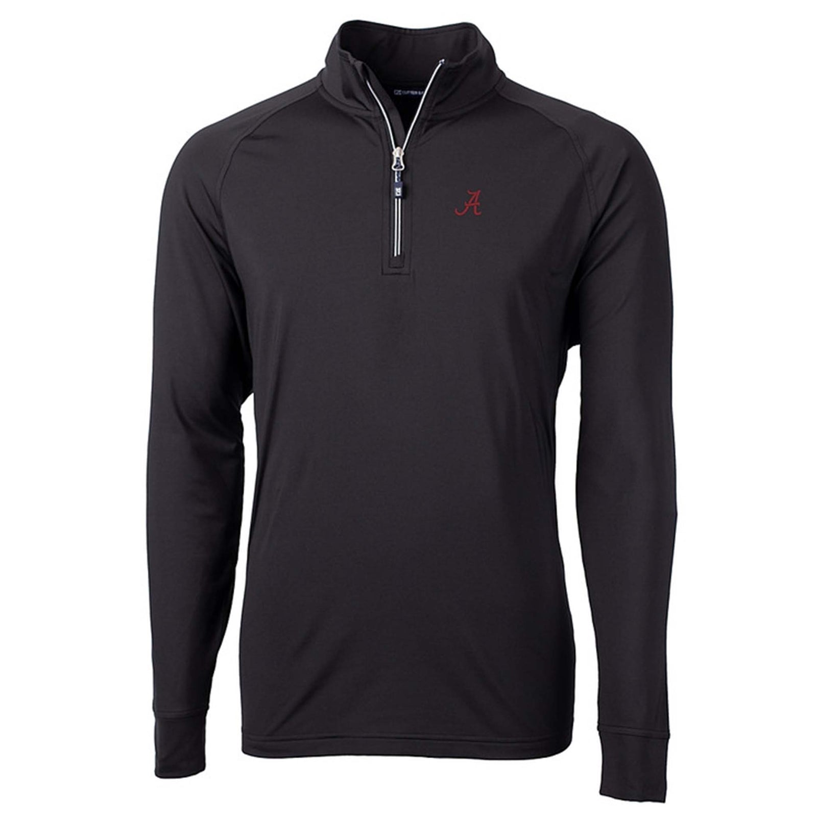 Black Alabama quarter-zip pullover with embroidered crimson “A” logo on chest and contrast zipper detail.
