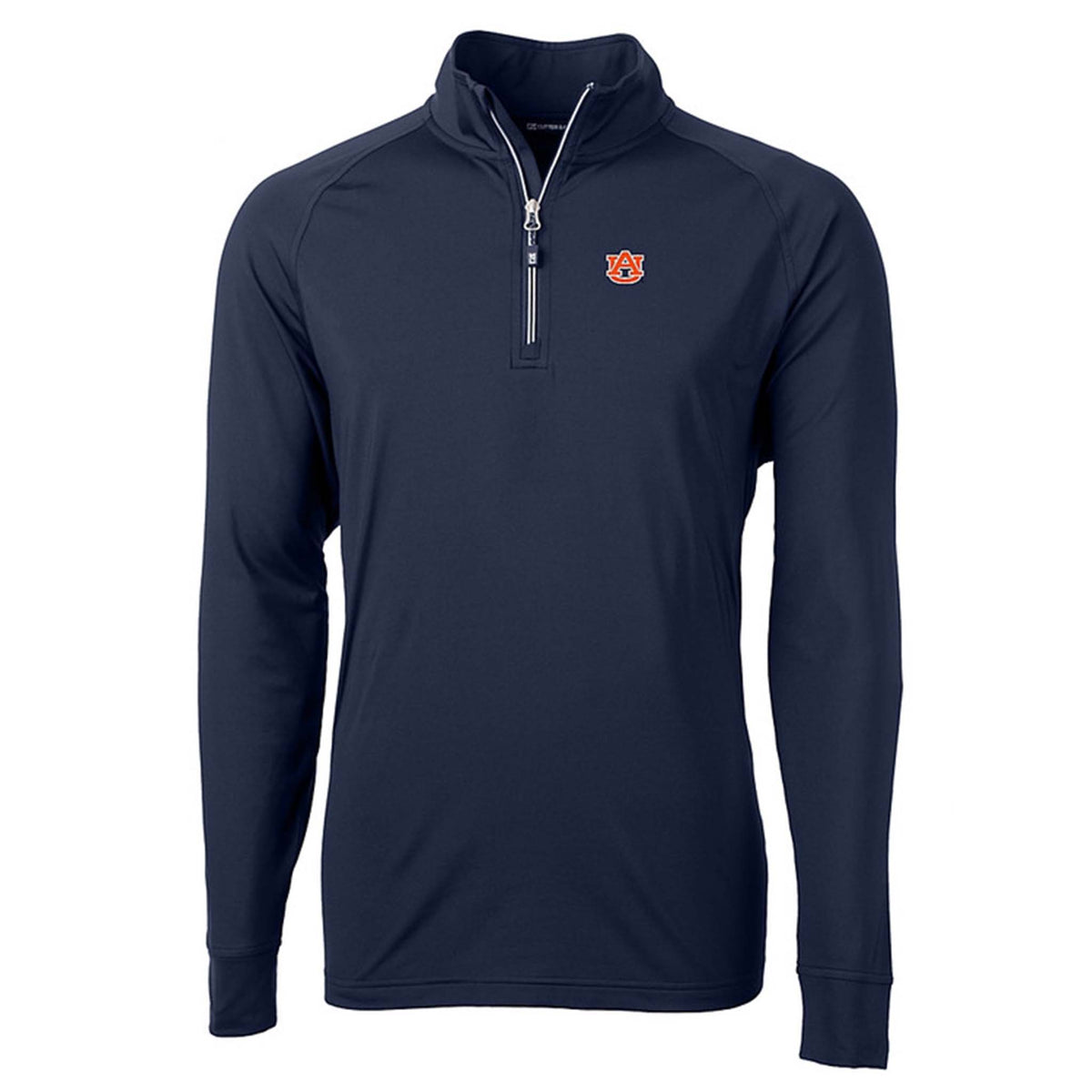 Navy Auburn quarter-zip pullover with embroidered orange and navy Tigers logo on chest and contrast zipper detail.