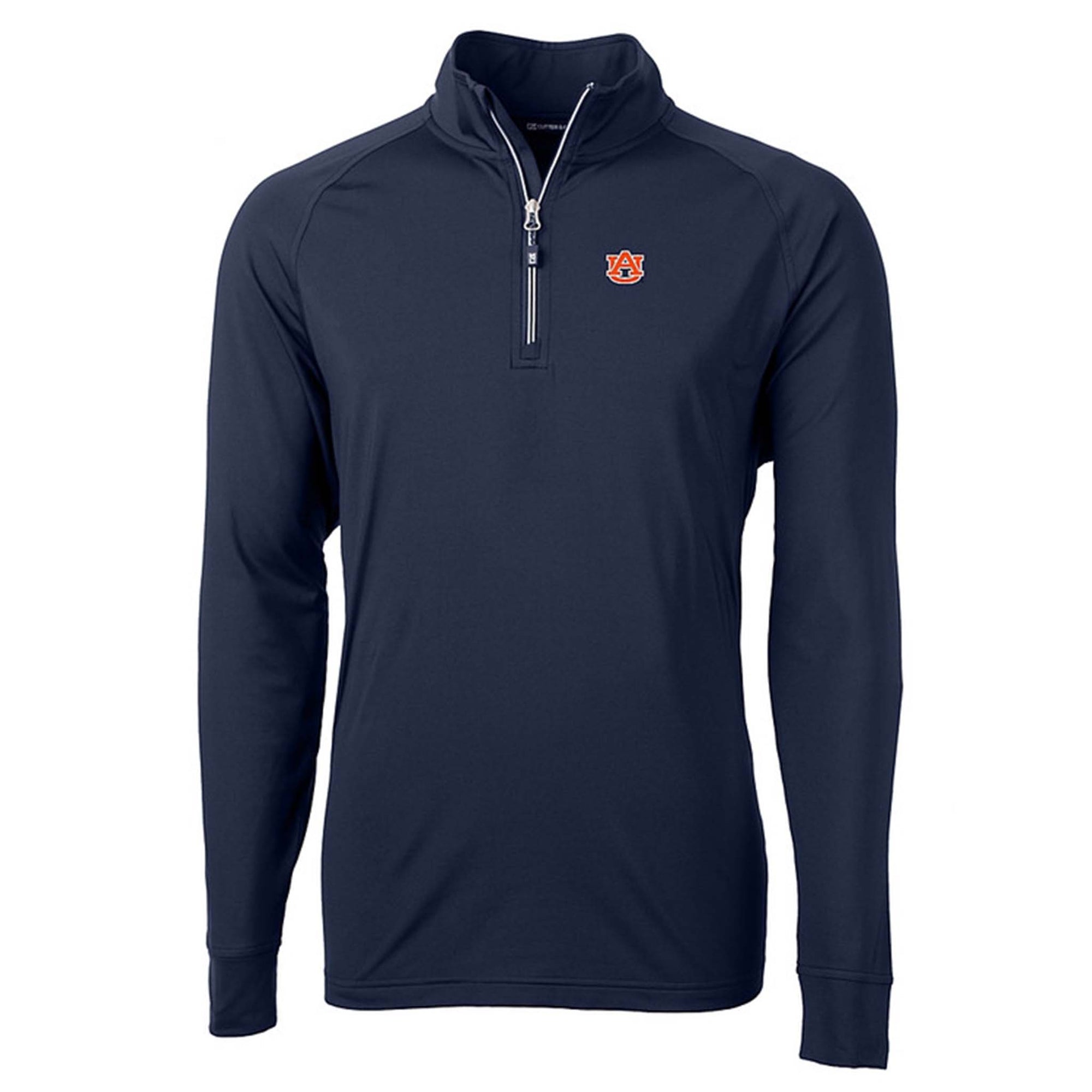 Navy Auburn quarter-zip pullover with embroidered orange and navy Tigers logo on chest and contrast zipper detail.