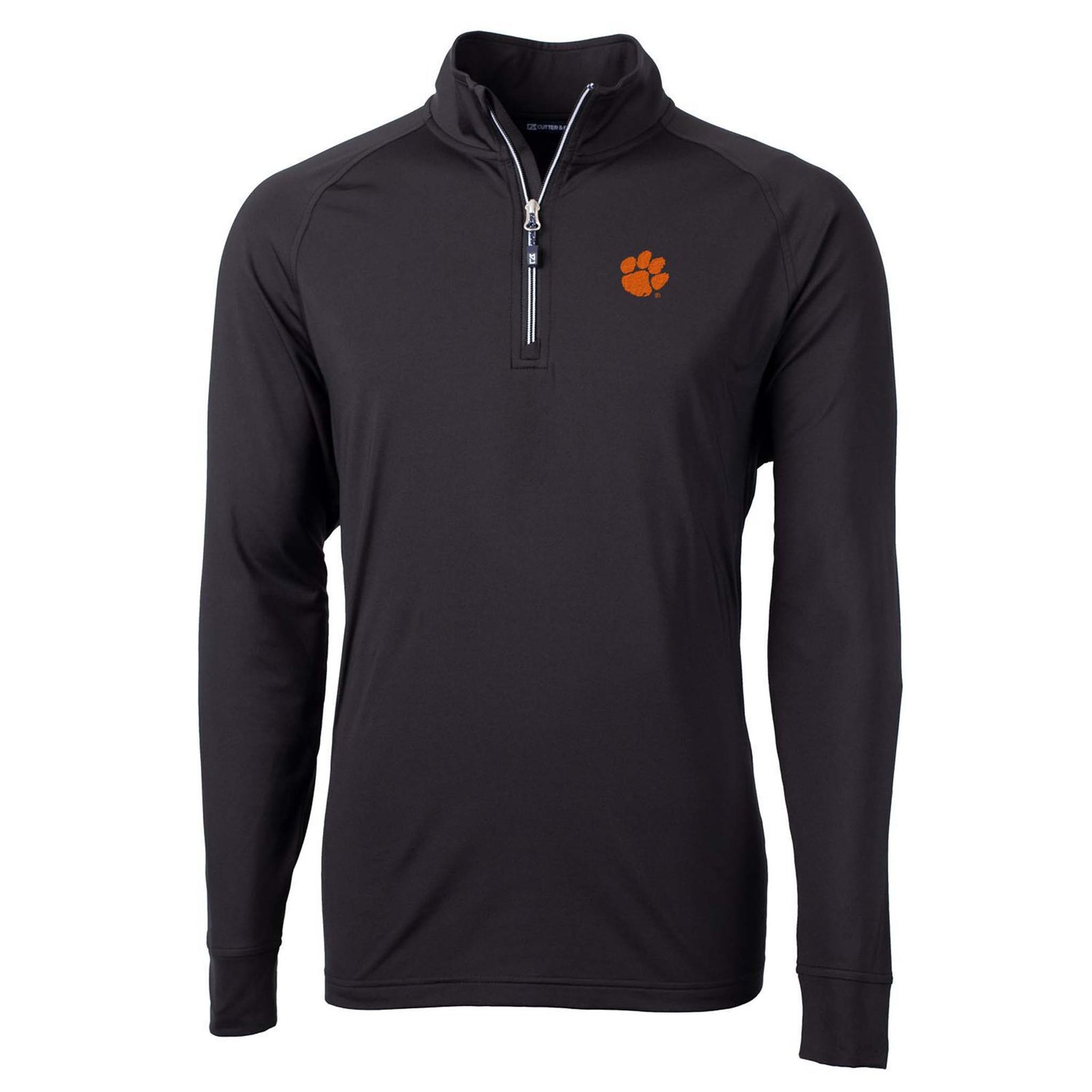 Black Clemson quarter-zip pullover with embroidered orange paw logo on chest and contrast zipper detail.