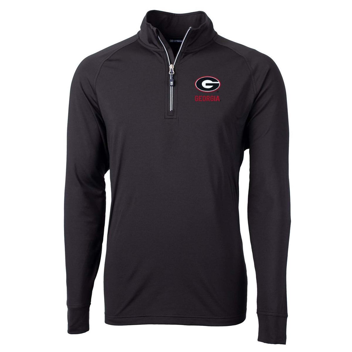 Black Georgia Bulldogs quarter-zip pullover with embroidered red and white “G” logo and Georgia text on chest, featuring contrast zipper detail.