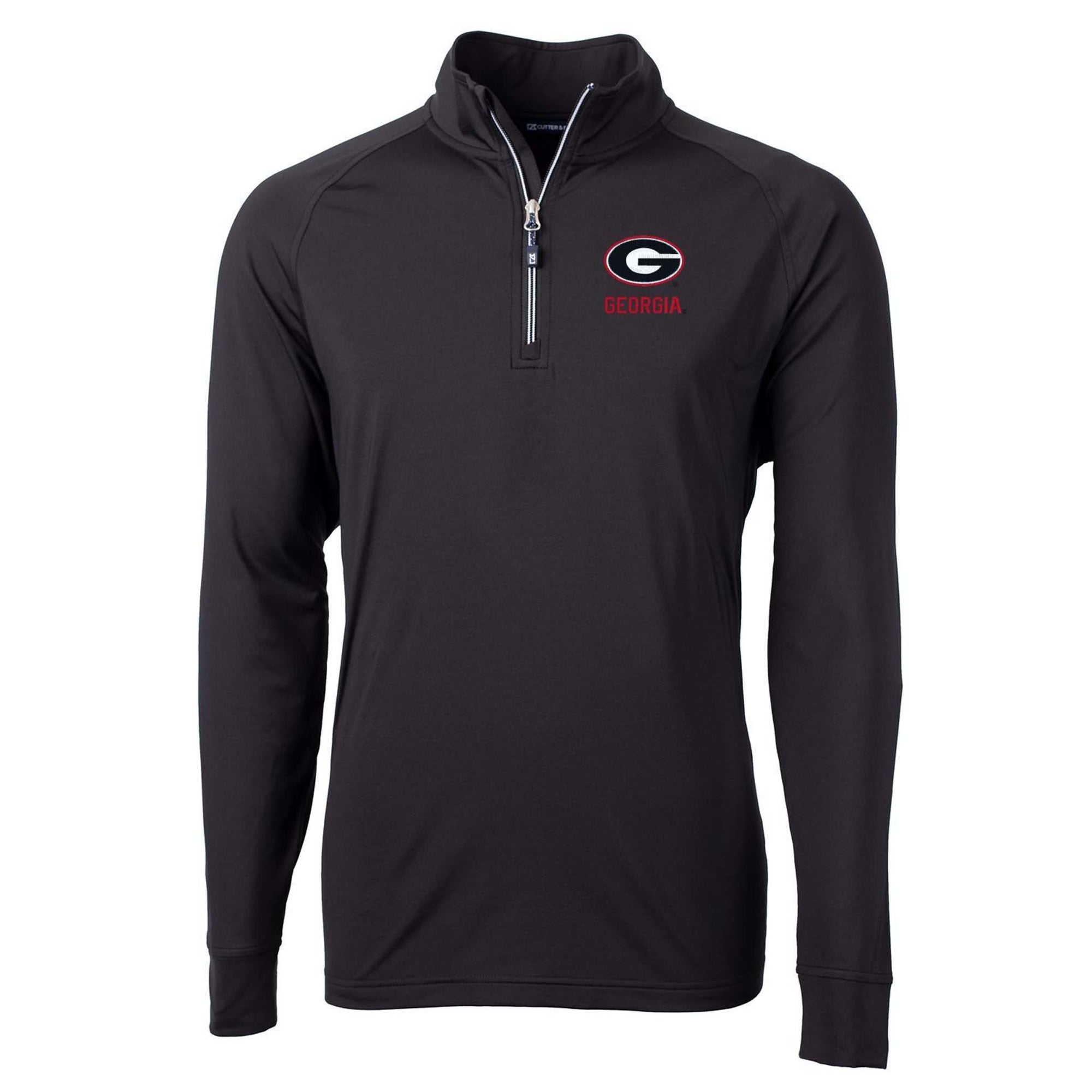 Black Georgia Bulldogs quarter-zip pullover with embroidered red and white “G” logo and Georgia text on chest, featuring contrast zipper detail.