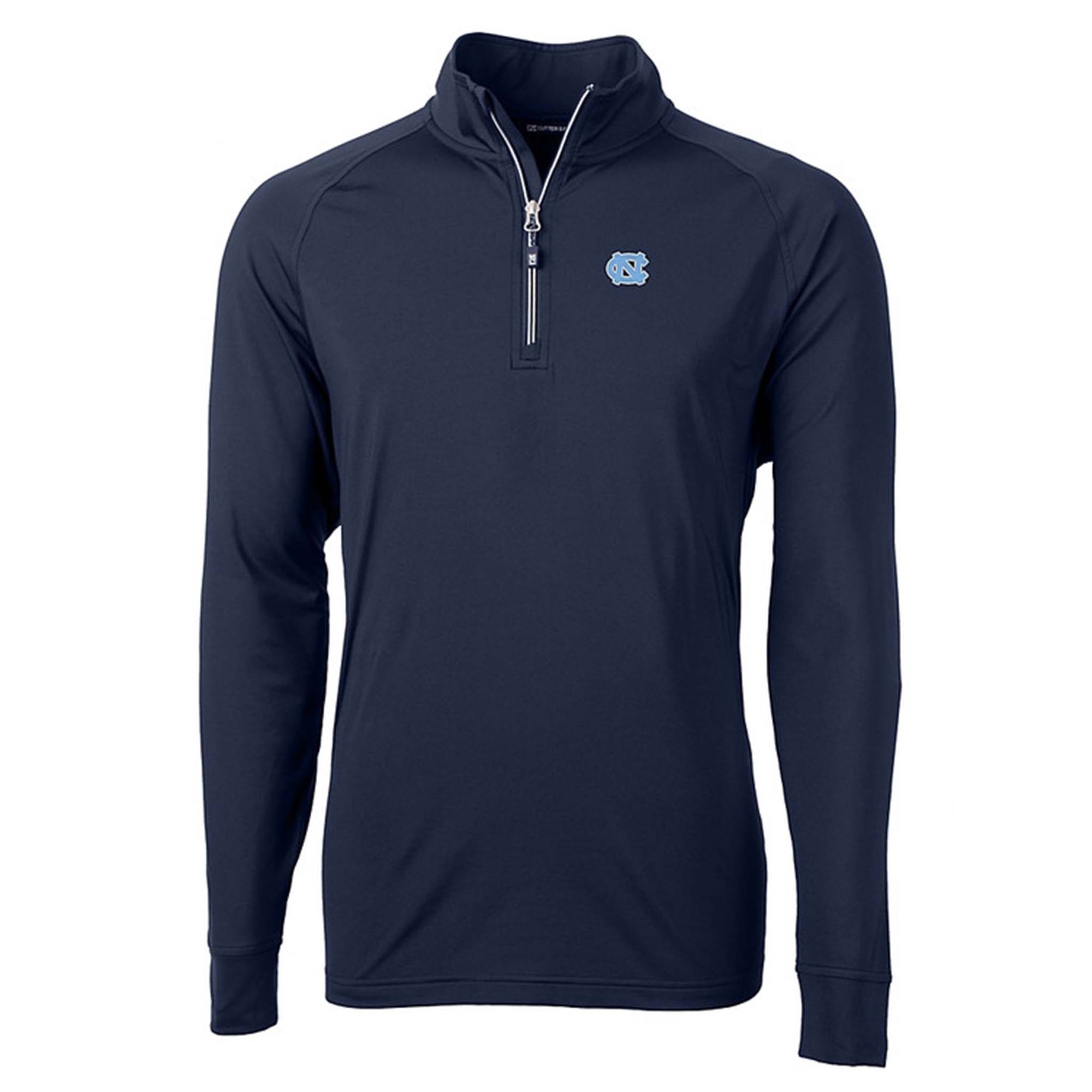 Navy North Carolina quarter-zip pullover with embroidered Carolina blue UNC logo on chest and contrast zipper detail.