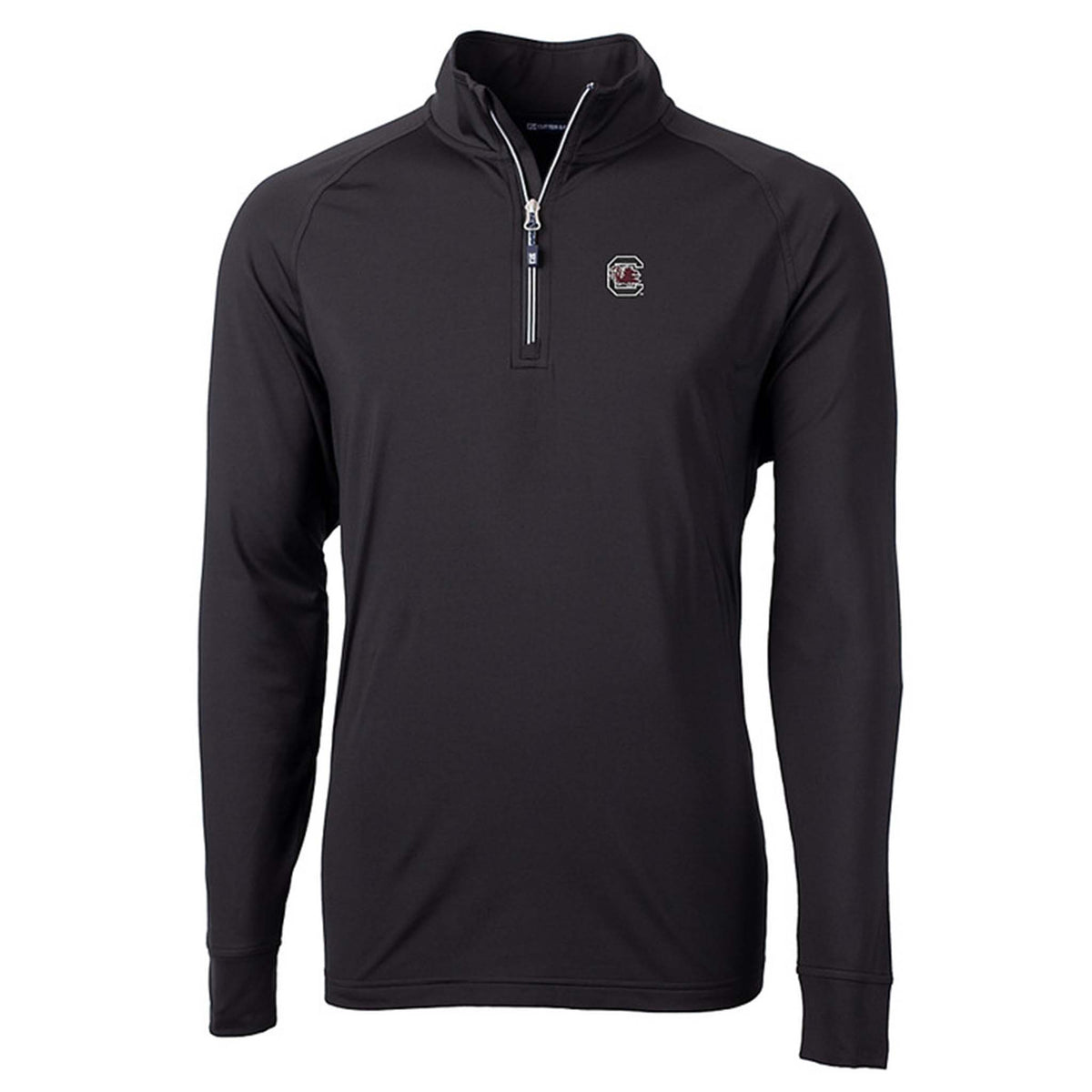 Black South Carolina Gamecocks quarter-zip pullover with embroidered garnet and black logo on chest and contrast zipper detail.