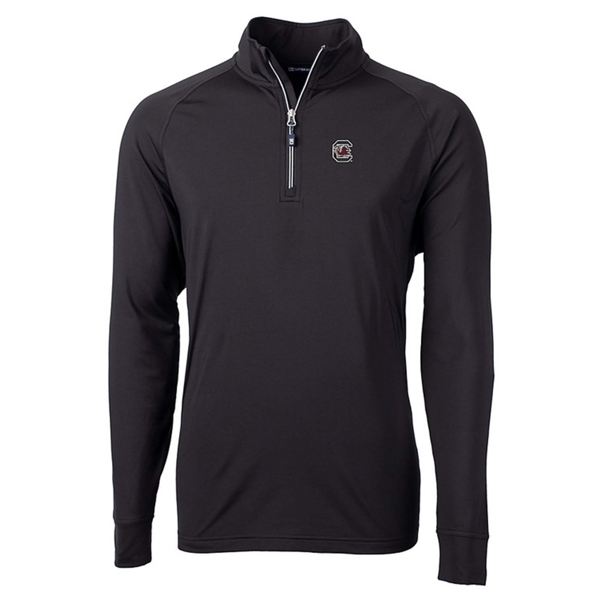 Black South Carolina Gamecocks quarter-zip pullover with embroidered garnet and black logo on chest and contrast zipper detail.