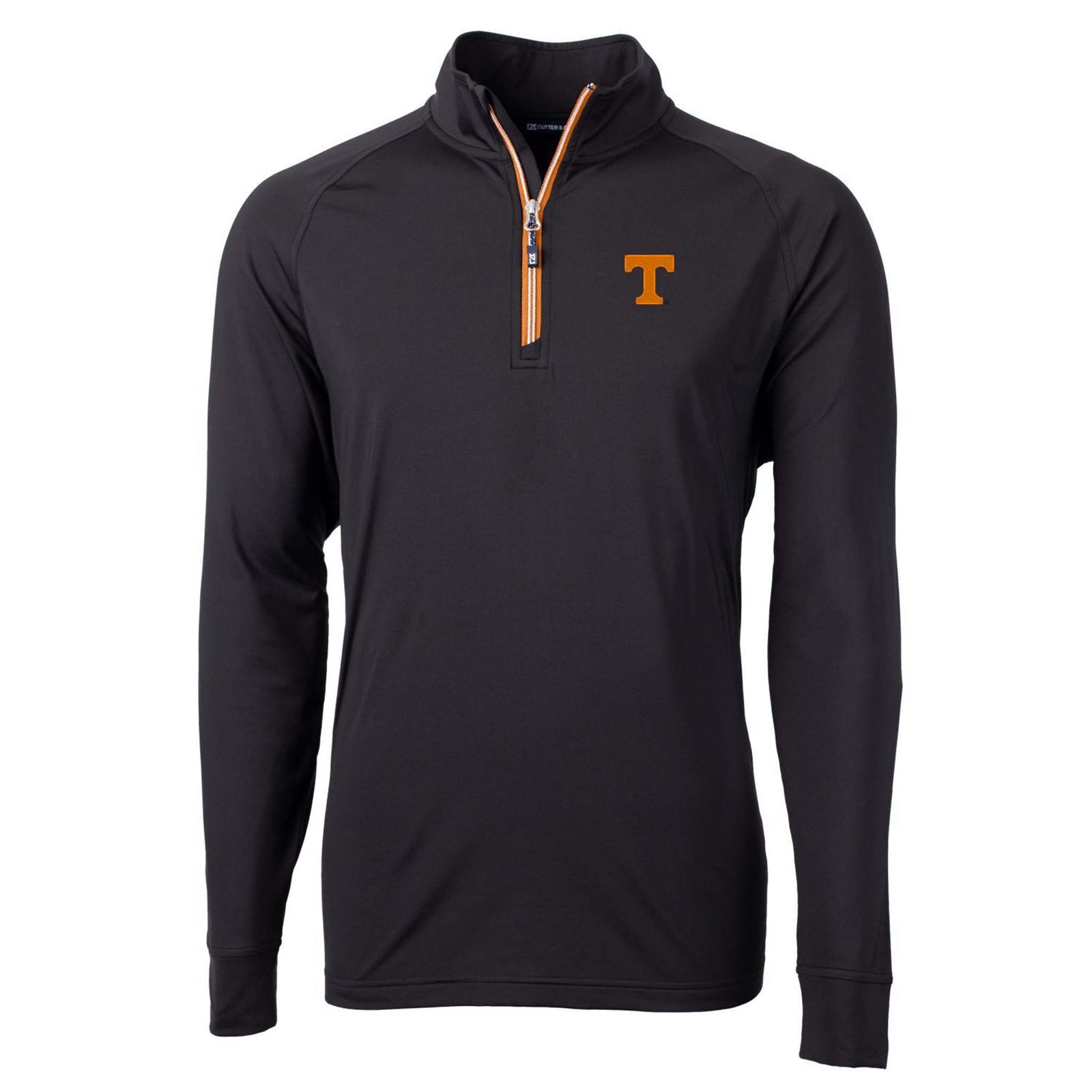 Black Tennessee Volunteers quarter-zip pullover with embroidered orange “T” logo on chest and matching orange contrast zipper detail.