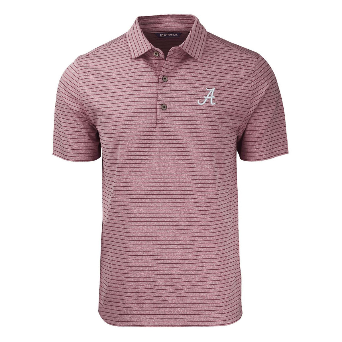 Maroon striped polo shirt with an University of Alabama logo on a white background