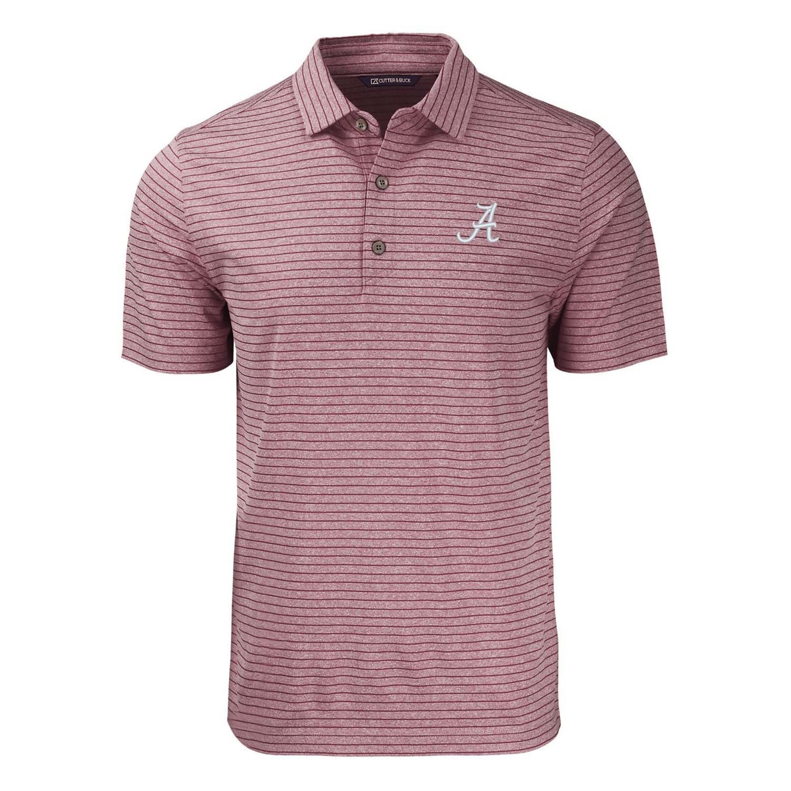 Maroon striped polo shirt with an University of Alabama logo on a white background