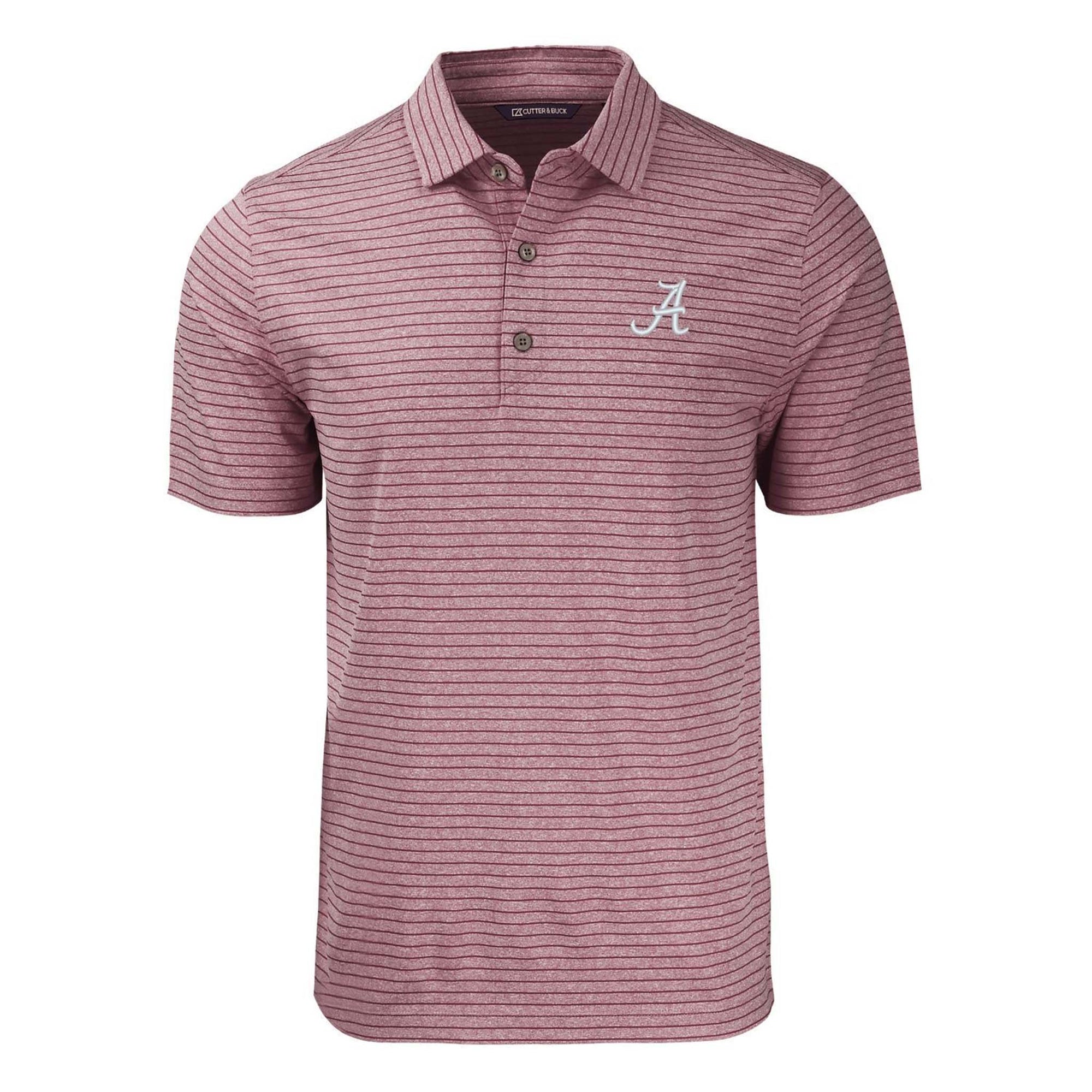 Maroon striped polo shirt with an University of Alabama logo on a white background