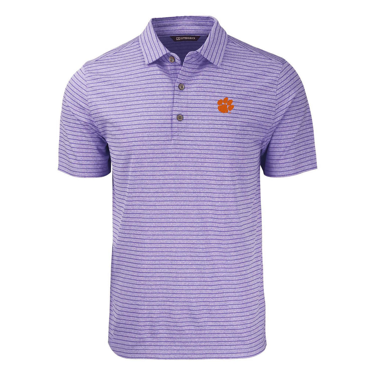 Clemson Purple striped polo shirt with a logo on a white background