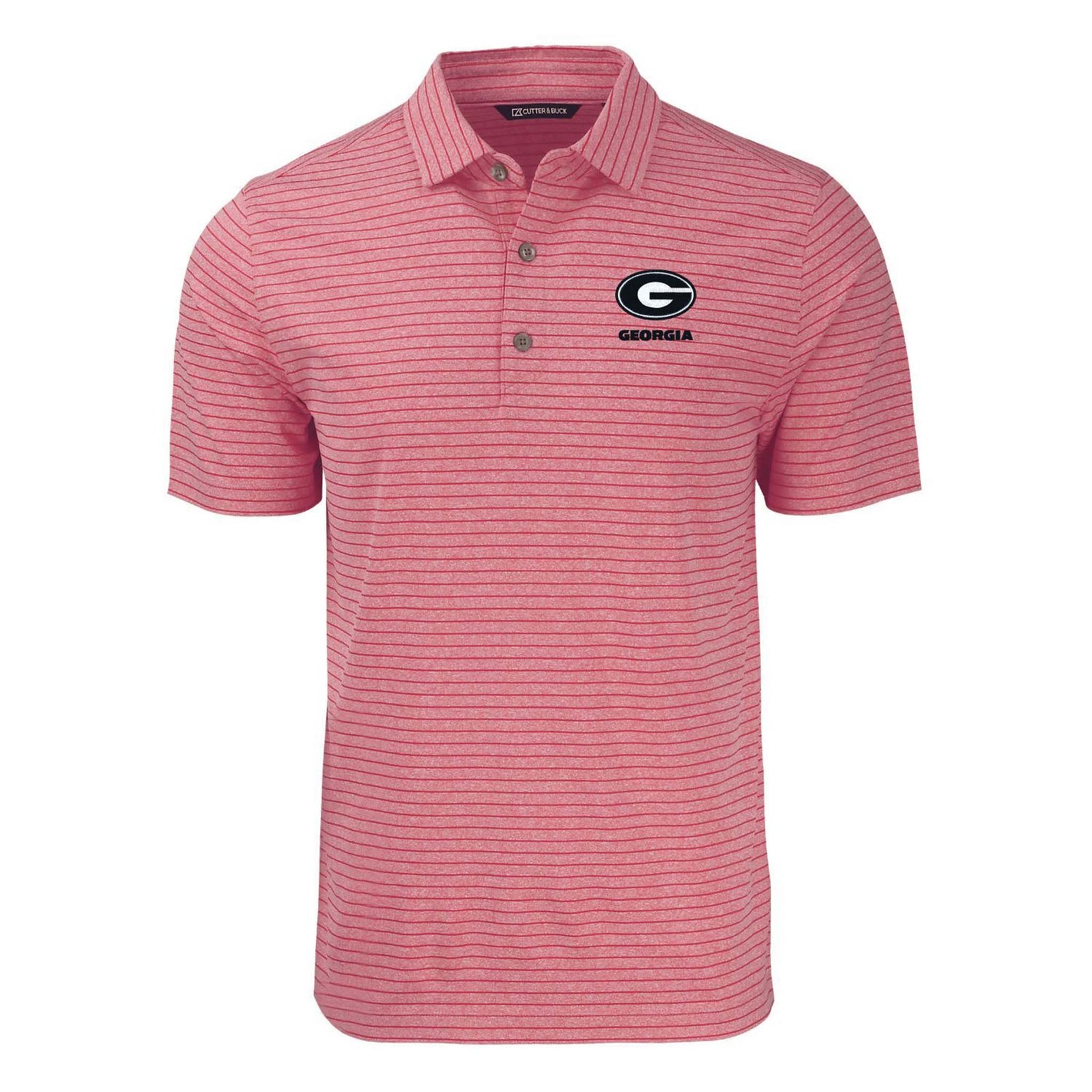 Front view of a red Cutter & Buck short sleeve polo with thin horizontal stripes and embroidered Georgia “G” logo on the left chest.