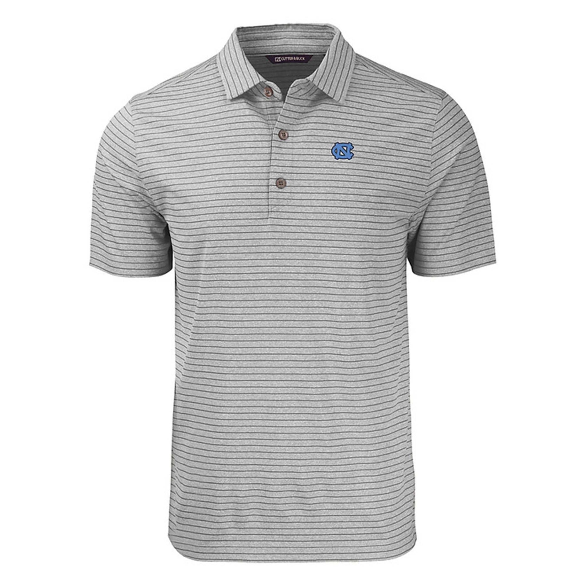 UNC Gray striped polo shirt with a logo on a white background