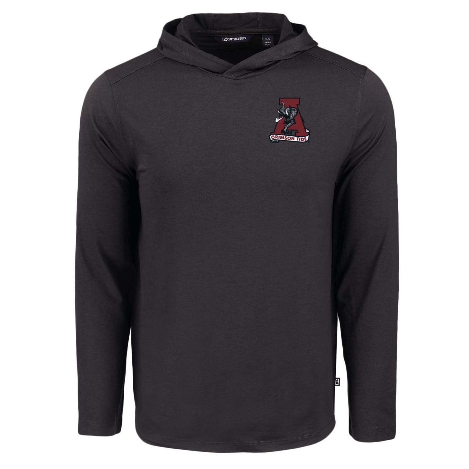 Black long-sleeve lightweight hoodie with Alabama Crimson Tide elephant logo and crimson “A” graphic on left chest.