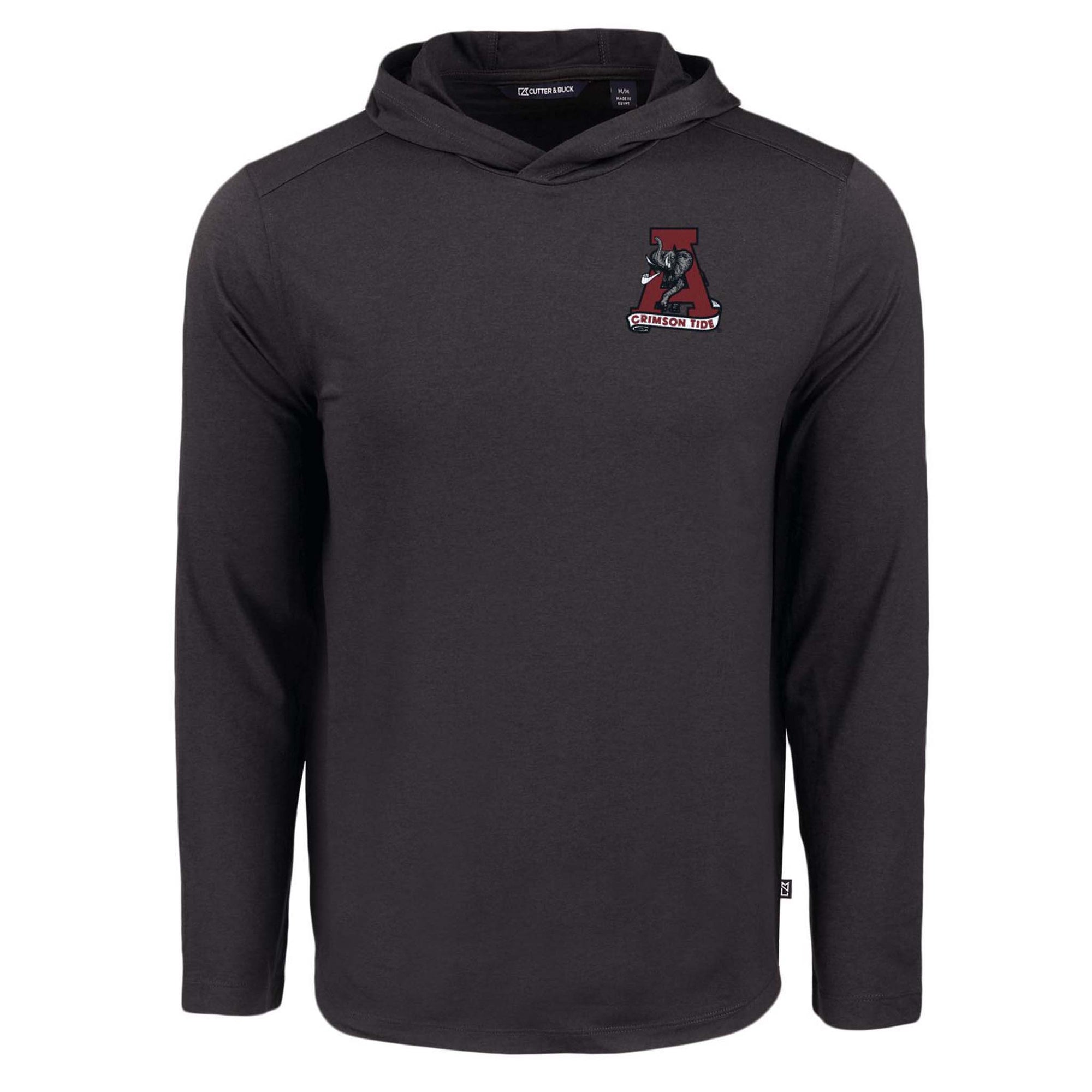 Black long-sleeve lightweight hoodie with Alabama Crimson Tide elephant logo and crimson “A” graphic on left chest.