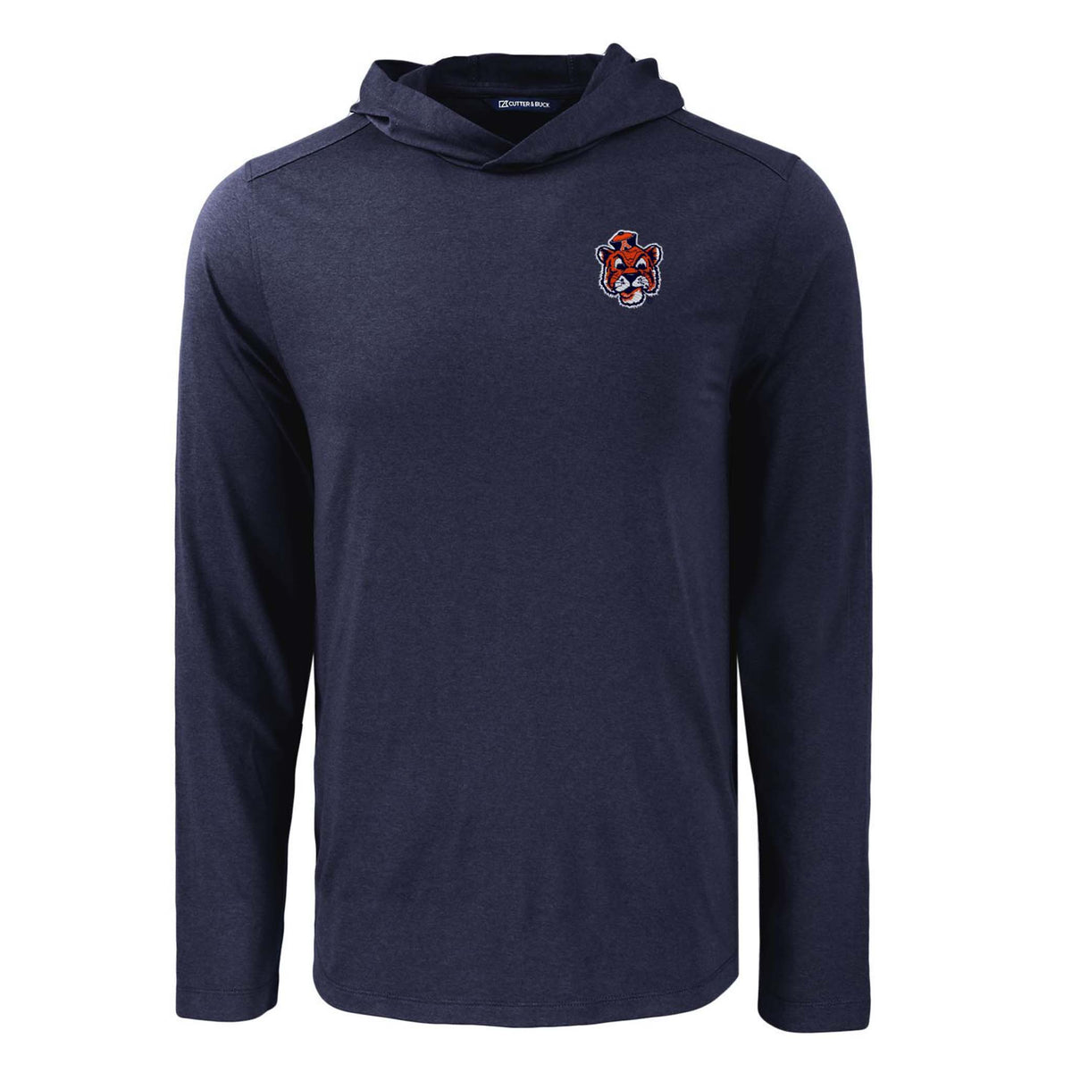 Navy long-sleeve lightweight hoodie with embroidered Auburn Tigers retro Aubie logo on left chest.