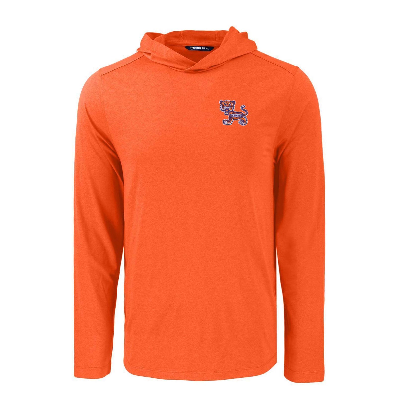 Orange long-sleeve lightweight hoodie with embroidered Clemson Tigers retro tiger logo on left chest.