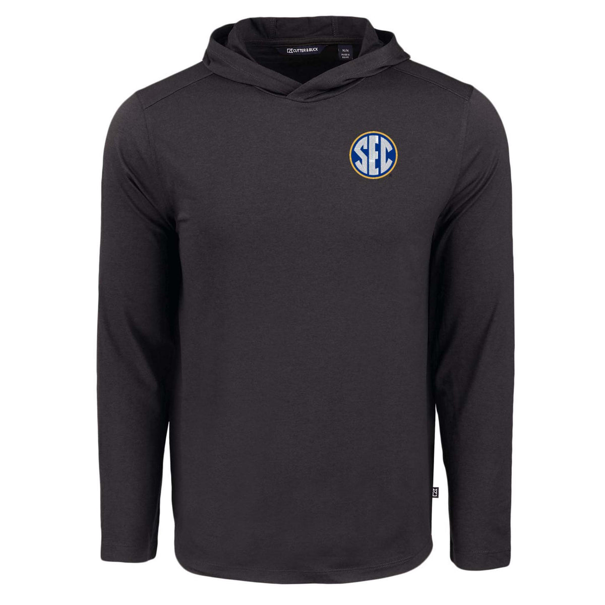 Black long-sleeve lightweight hoodie with embroidered SEC logo on left chest.