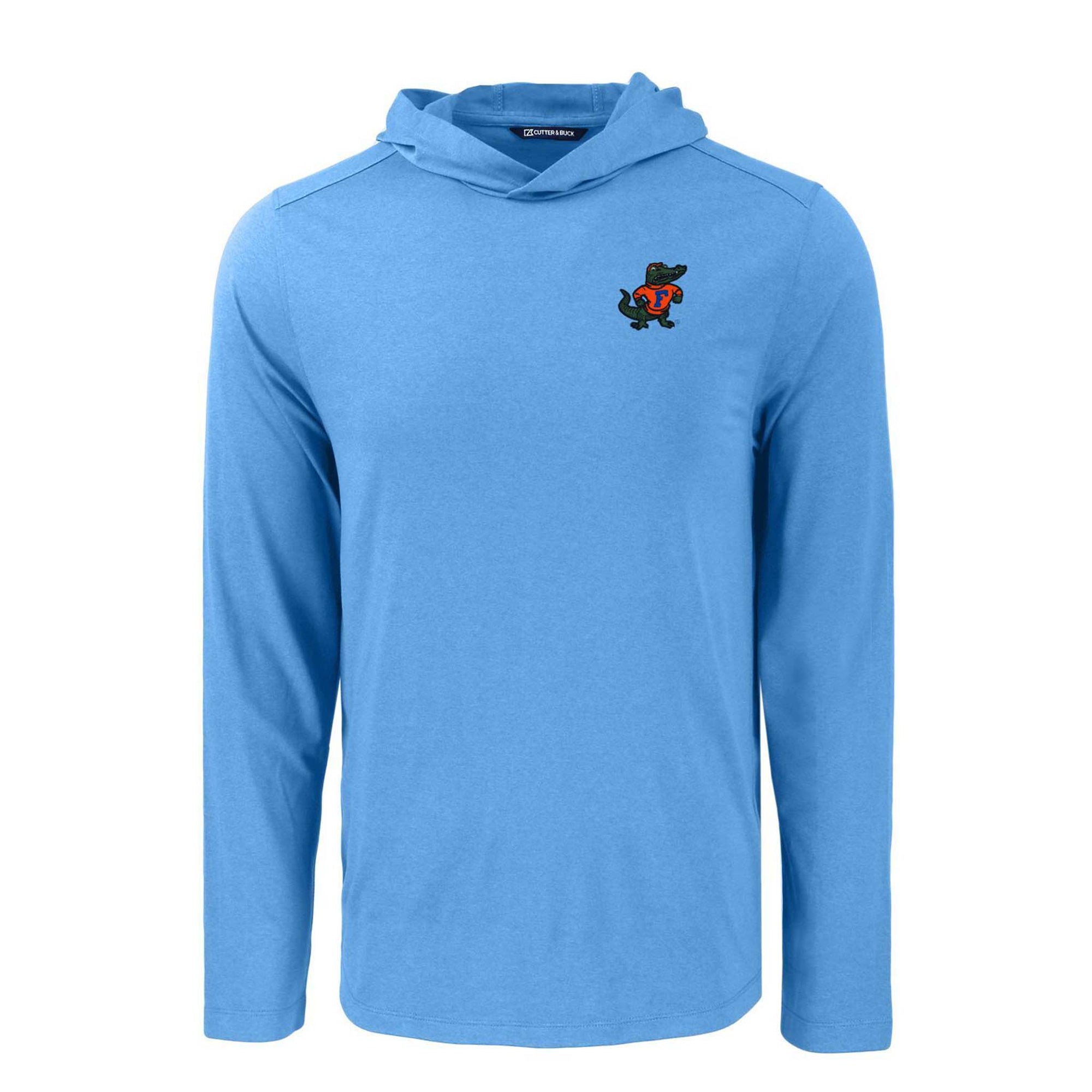 Bright blue long-sleeve lightweight hoodie with embroidered Florida Gators retro Albert logo on left chest.