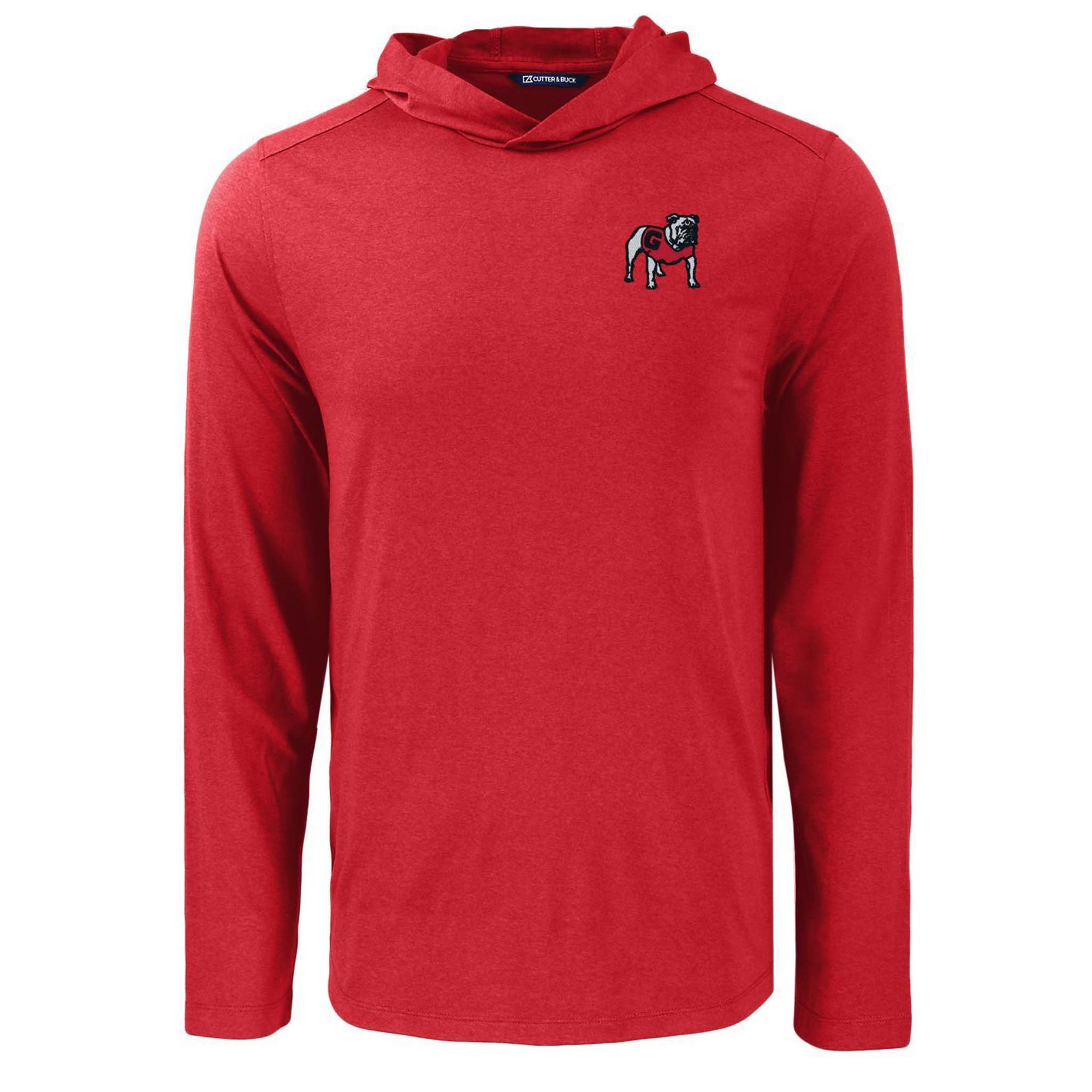 Red long-sleeve lightweight hoodie with embroidered Georgia Bulldogs standing Bulldog logo on left chest.