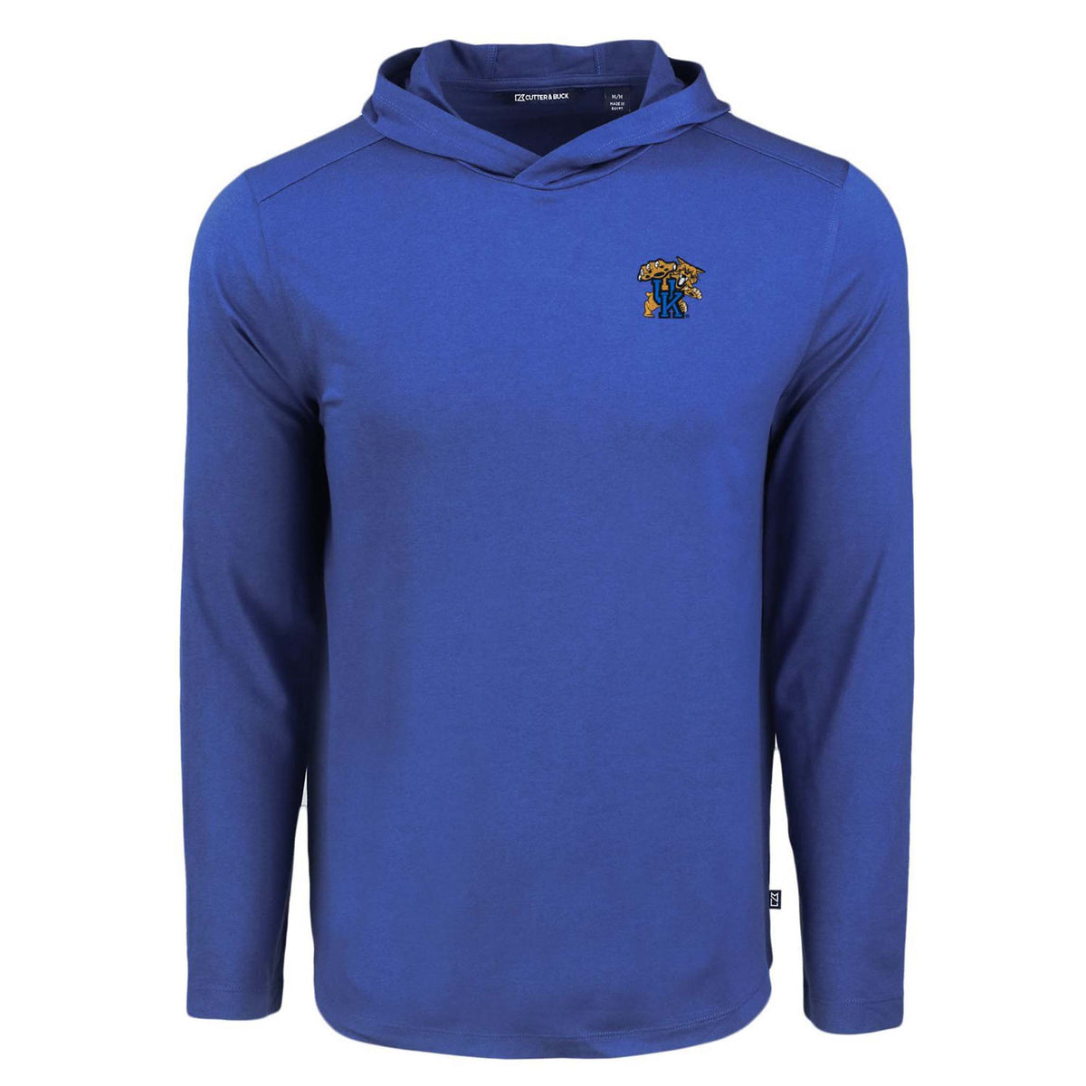 True blue long-sleeve lightweight hoodie with embroidered Kentucky Wildcats retro Wildcat logo on left chest.