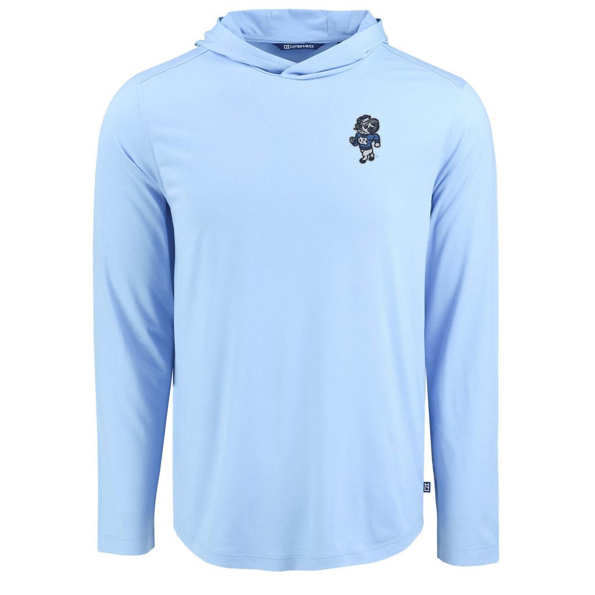 Carolina blue long-sleeve lightweight hoodie with embroidered North Carolina Tar Heels retro Rameses logo on left chest.