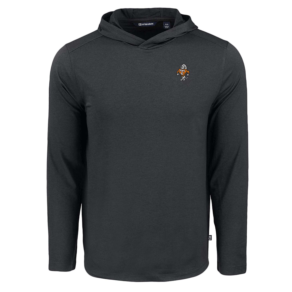 Black long-sleeve lightweight hoodie with embroidered Tennessee Volunteers retro Smokey logo on left chest.