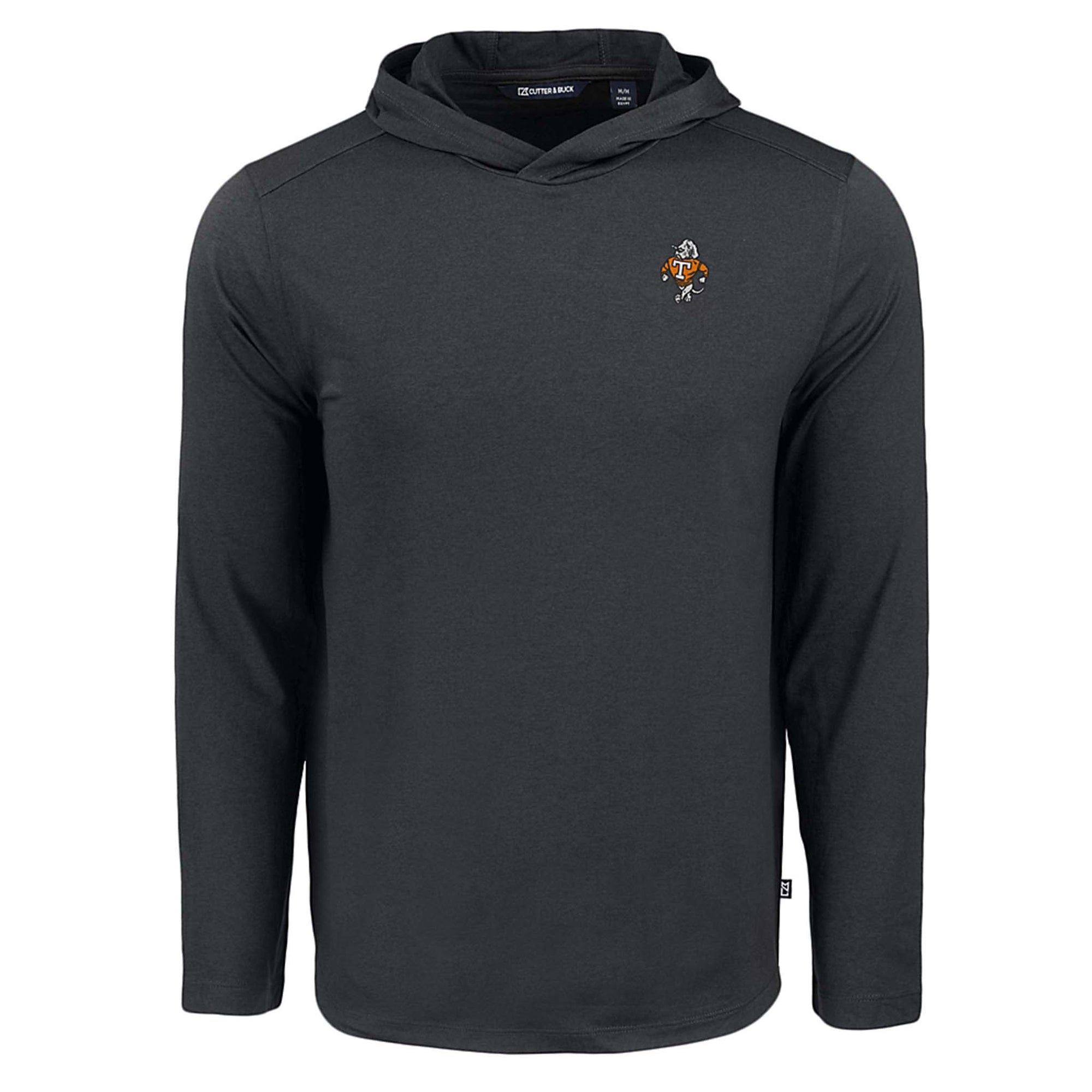 Black long-sleeve lightweight hoodie with embroidered Tennessee Volunteers retro Smokey logo on left chest.